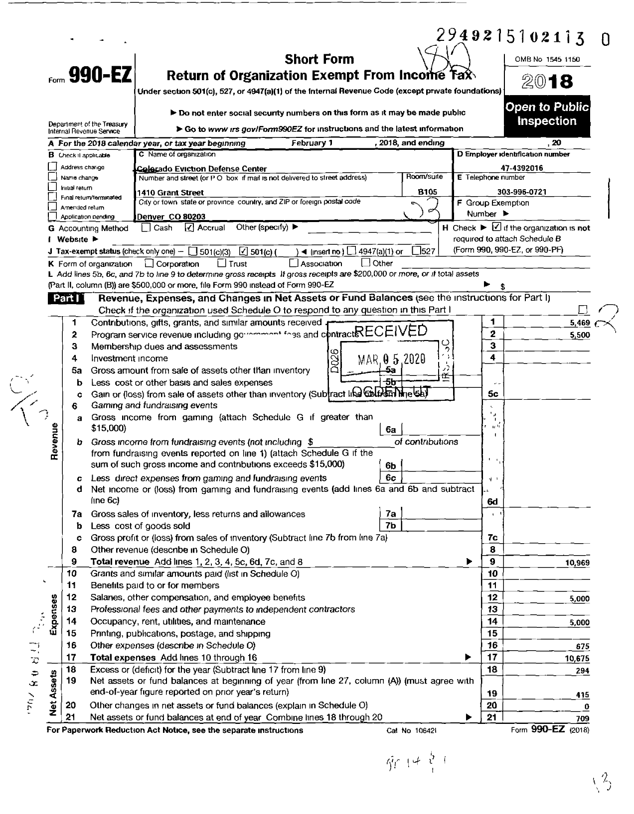 Image of first page of 2018 Form 990EZ for Colorado Eviction Defense Center