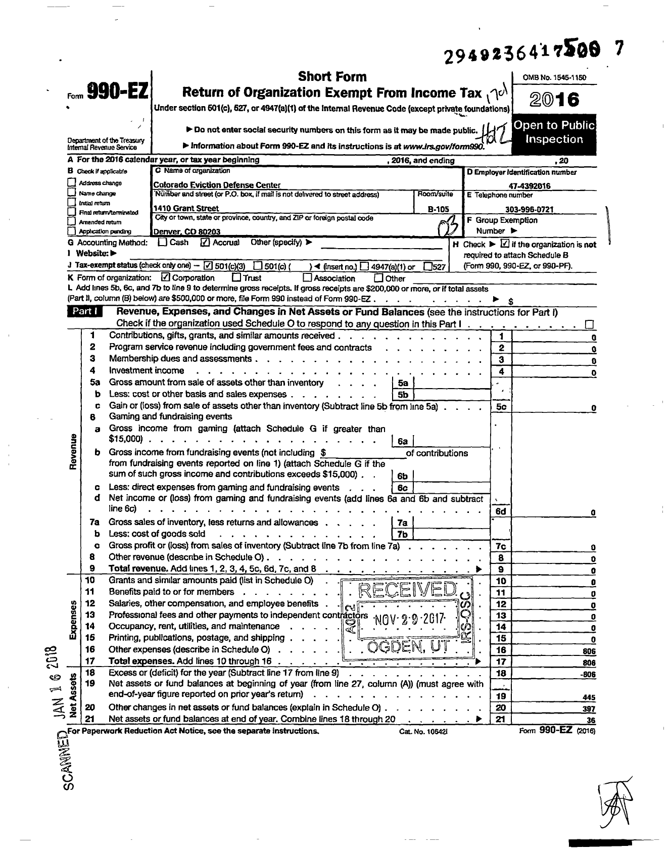 Image of first page of 2016 Form 990EZ for Colorado Eviction Defense Center