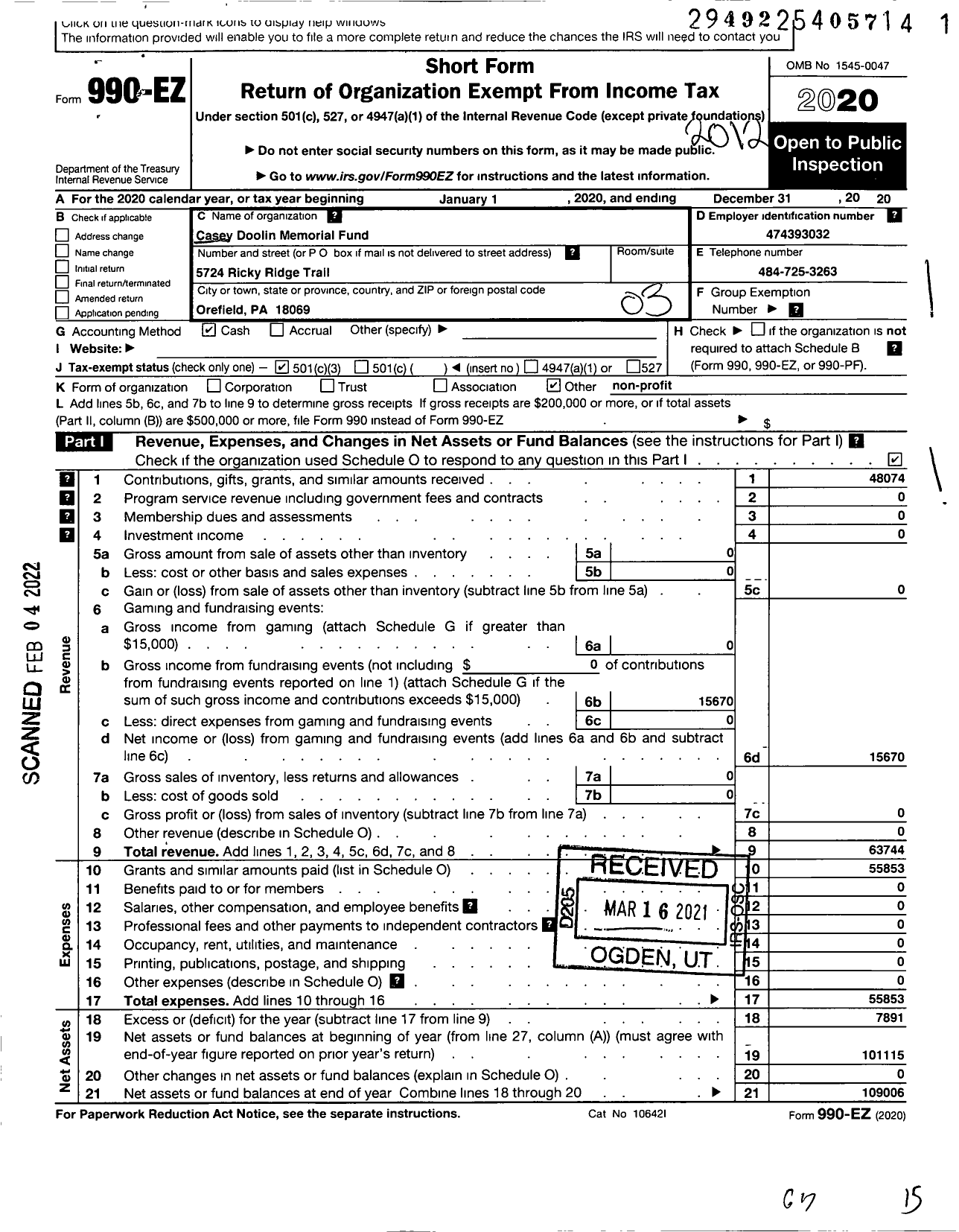 Image of first page of 2020 Form 990EZ for Casey Doolin Memorial Fund