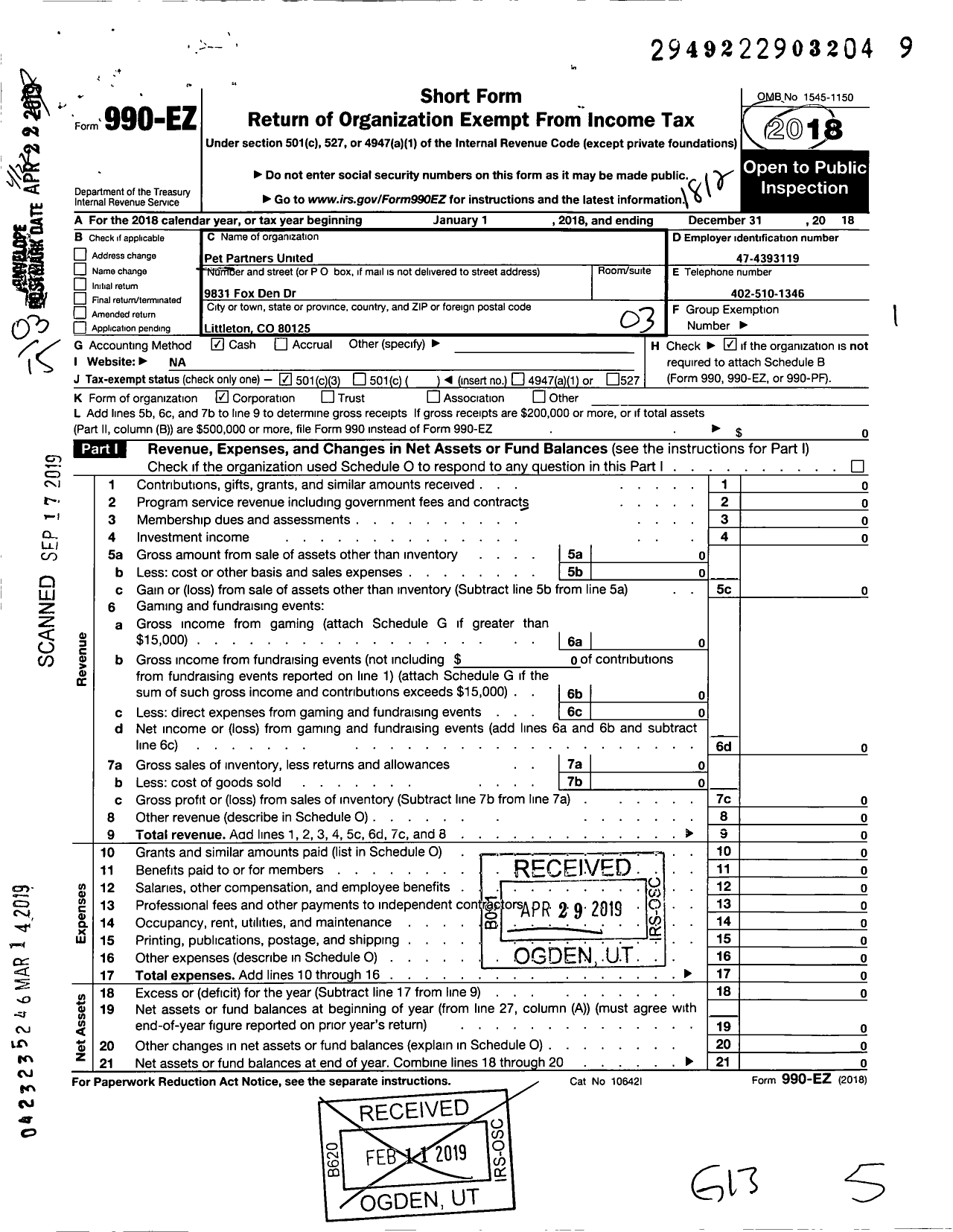 Image of first page of 2018 Form 990EZ for Pet Partners United