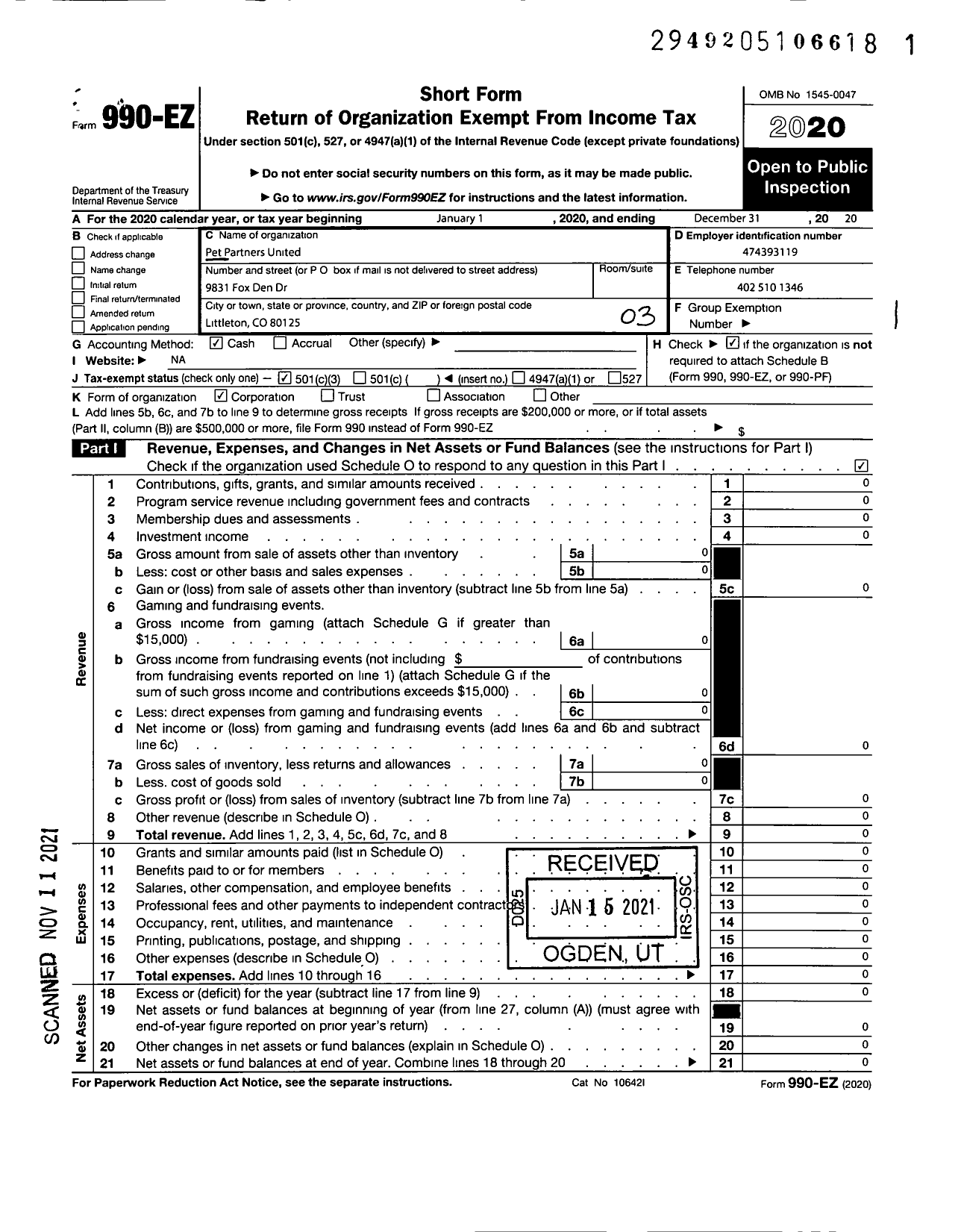 Image of first page of 2020 Form 990EZ for Pet Partners United