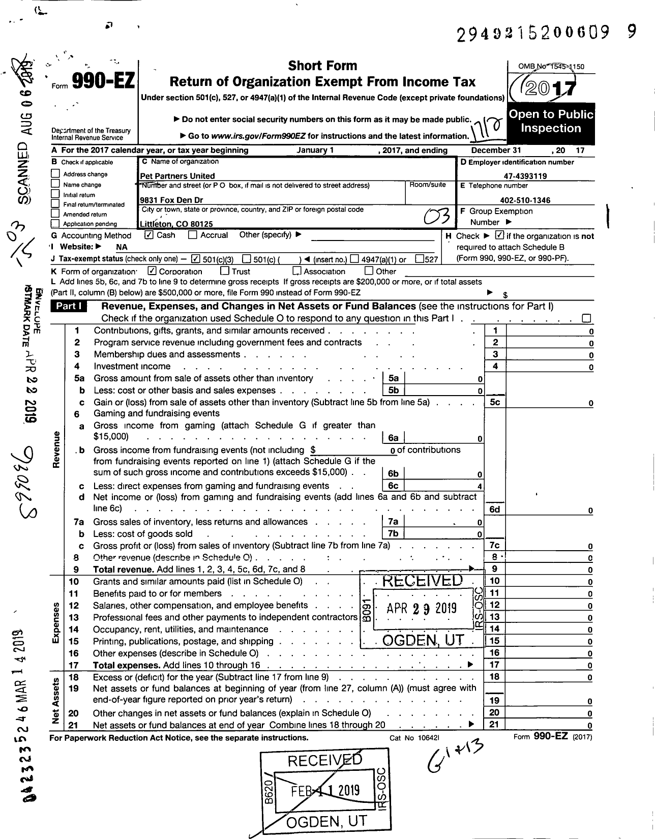 Image of first page of 2017 Form 990EZ for Pet Partners United