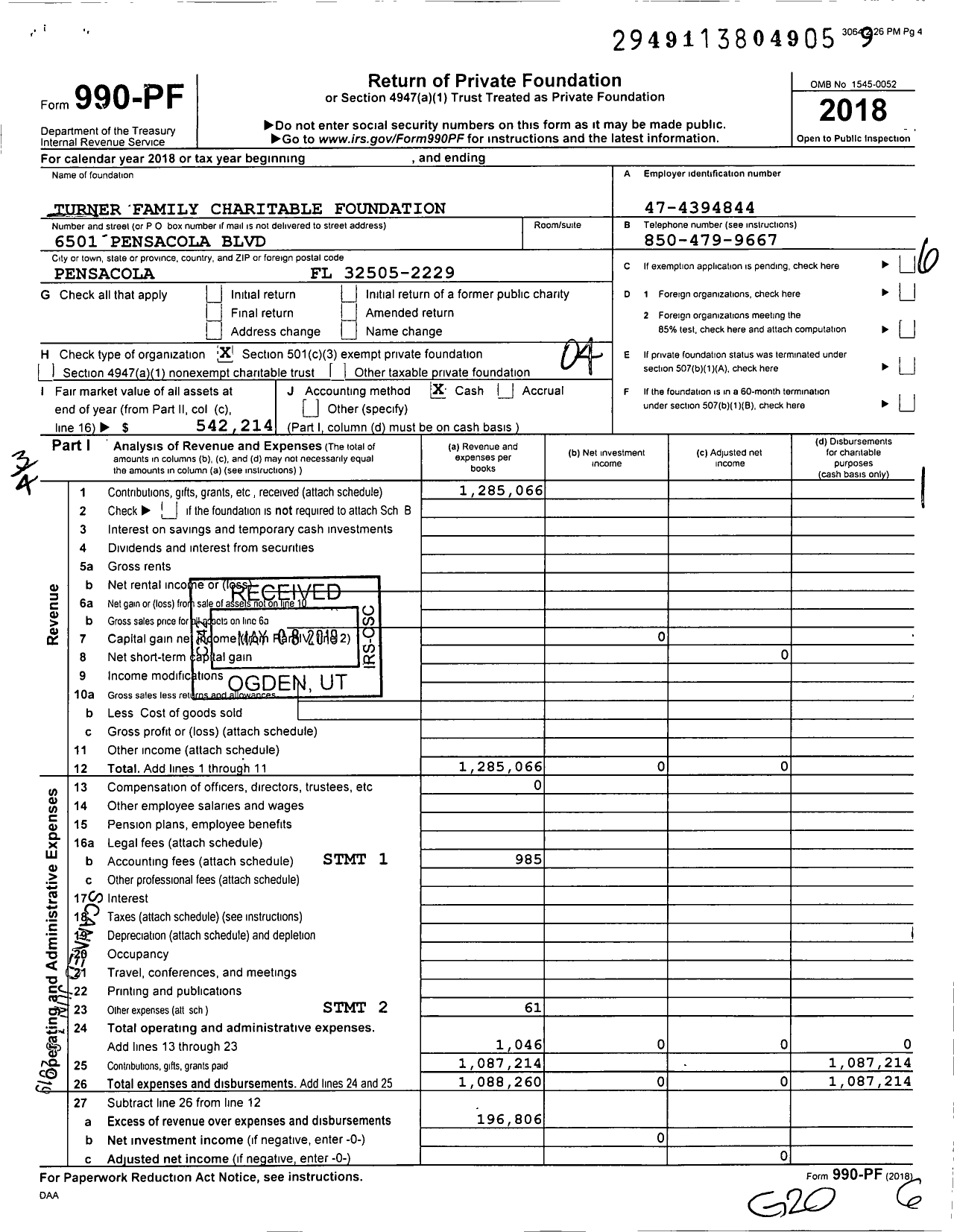 Image of first page of 2018 Form 990PF for Turner Family Charitable Foundation