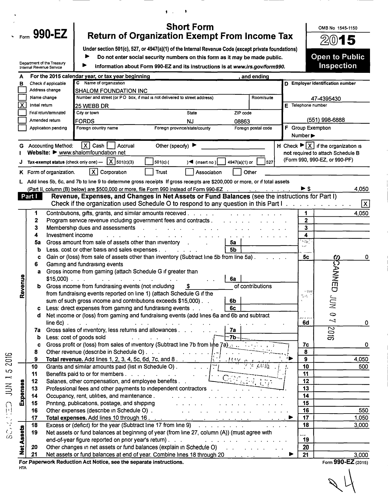 Image of first page of 2015 Form 990EZ for Shalom Foundation