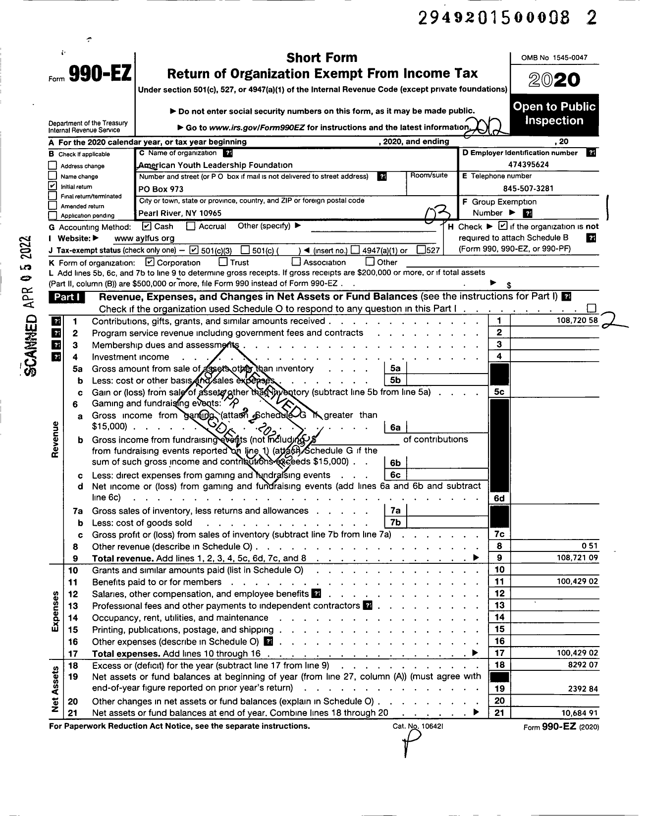 Image of first page of 2020 Form 990EZ for American Youth Leadership Foundation