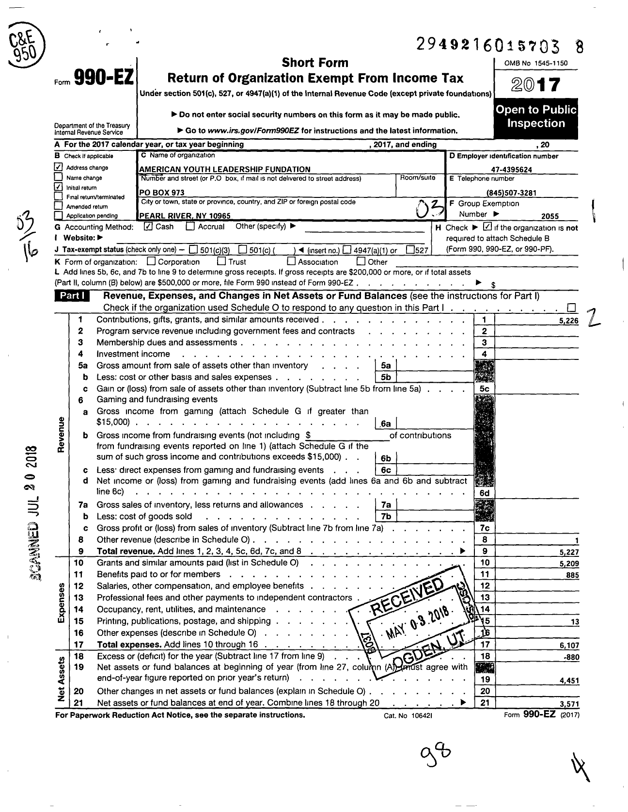 Image of first page of 2017 Form 990EZ for American Youth Leadership Foundation