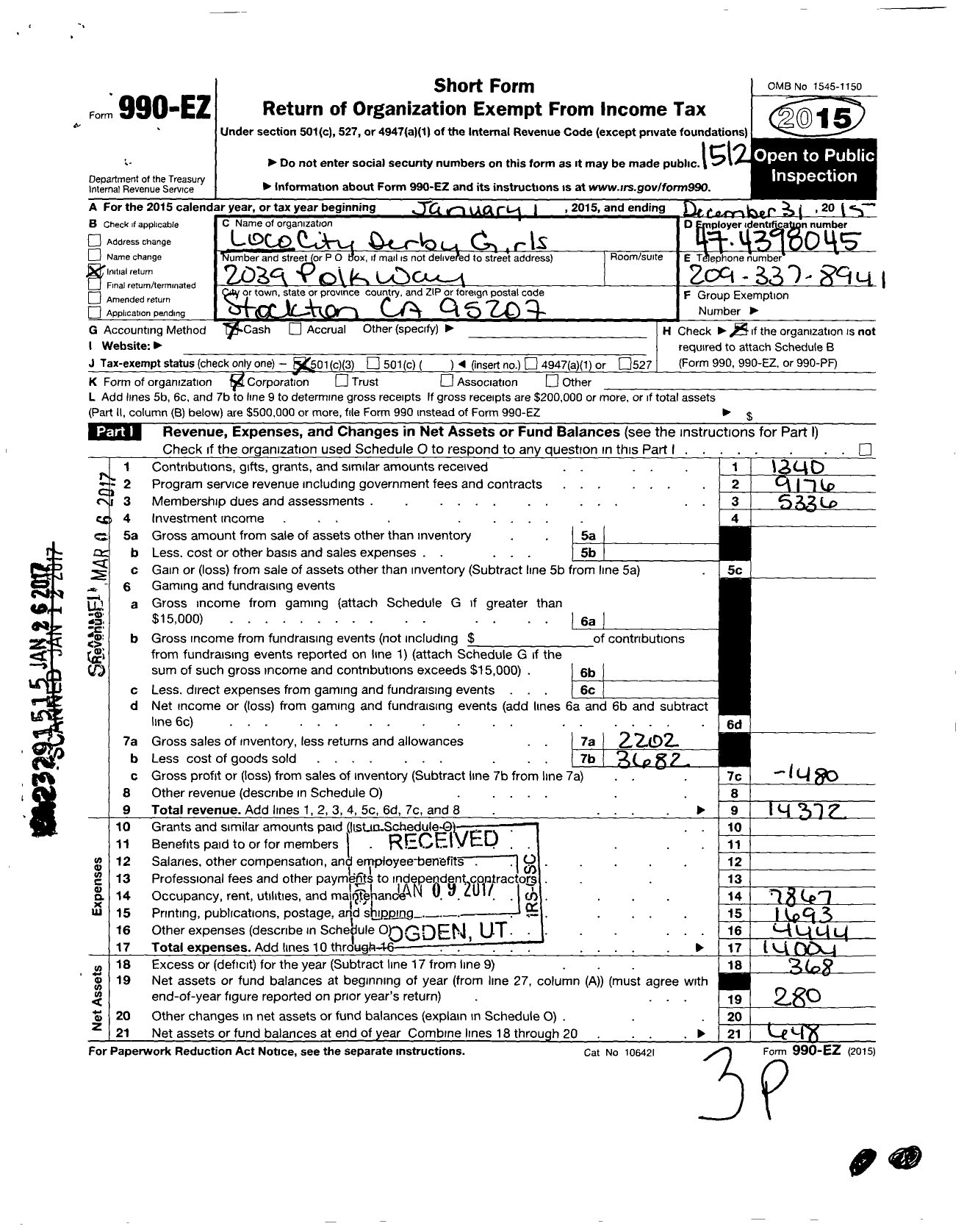 Image of first page of 2015 Form 990EZ for Loco City Derby Girls