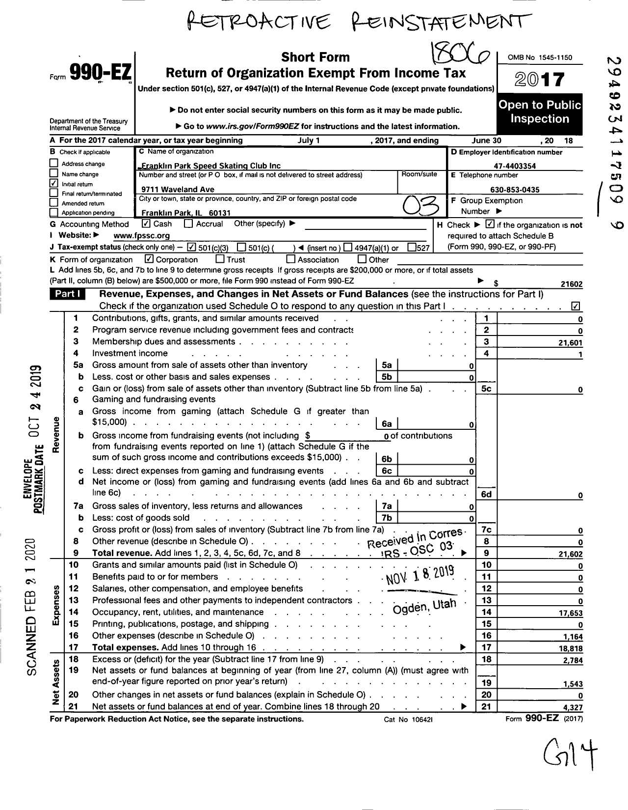 Image of first page of 2017 Form 990EZ for Franklin Park Speed Skating Club