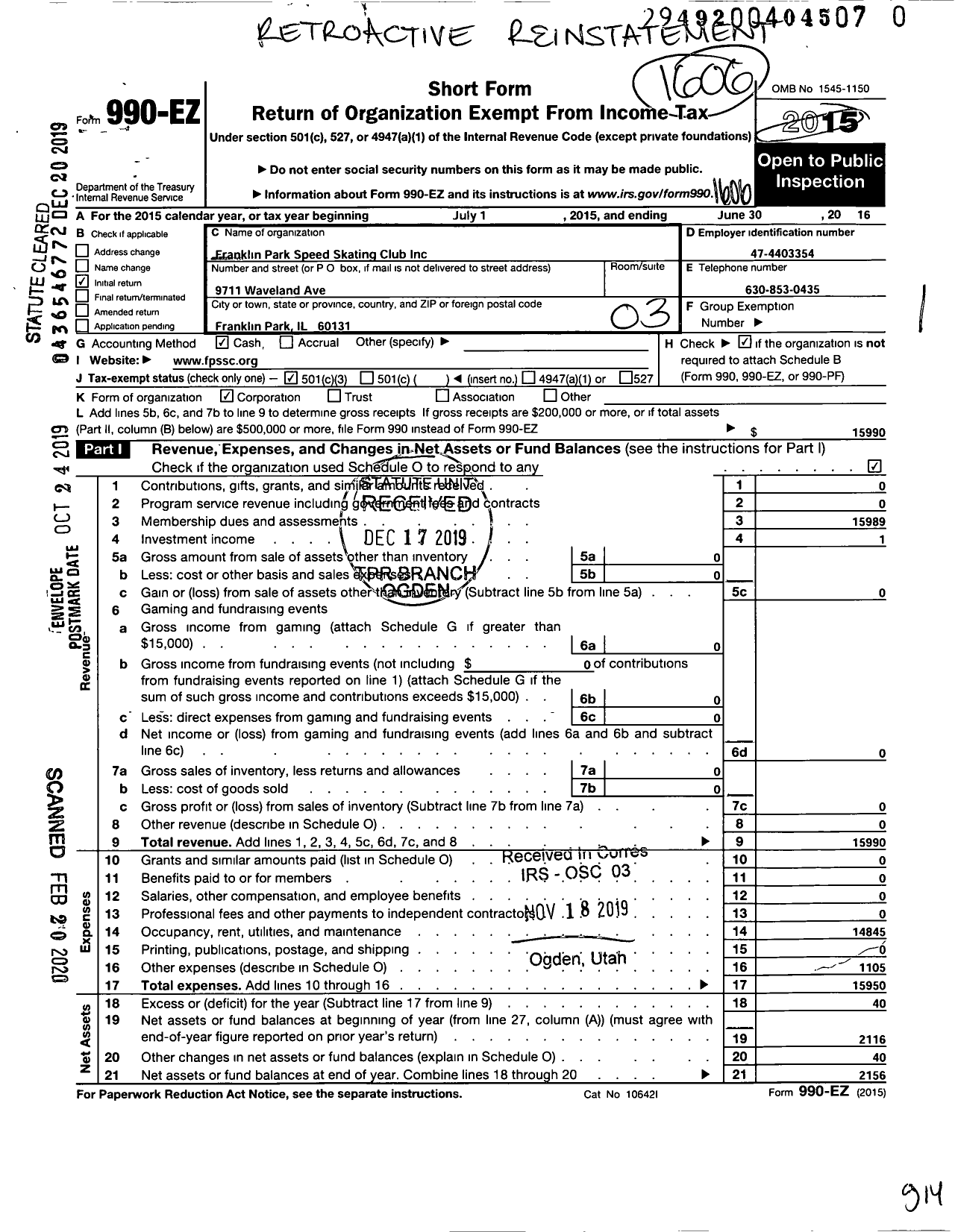 Image of first page of 2015 Form 990EZ for Franklin Park Speed Skating Club