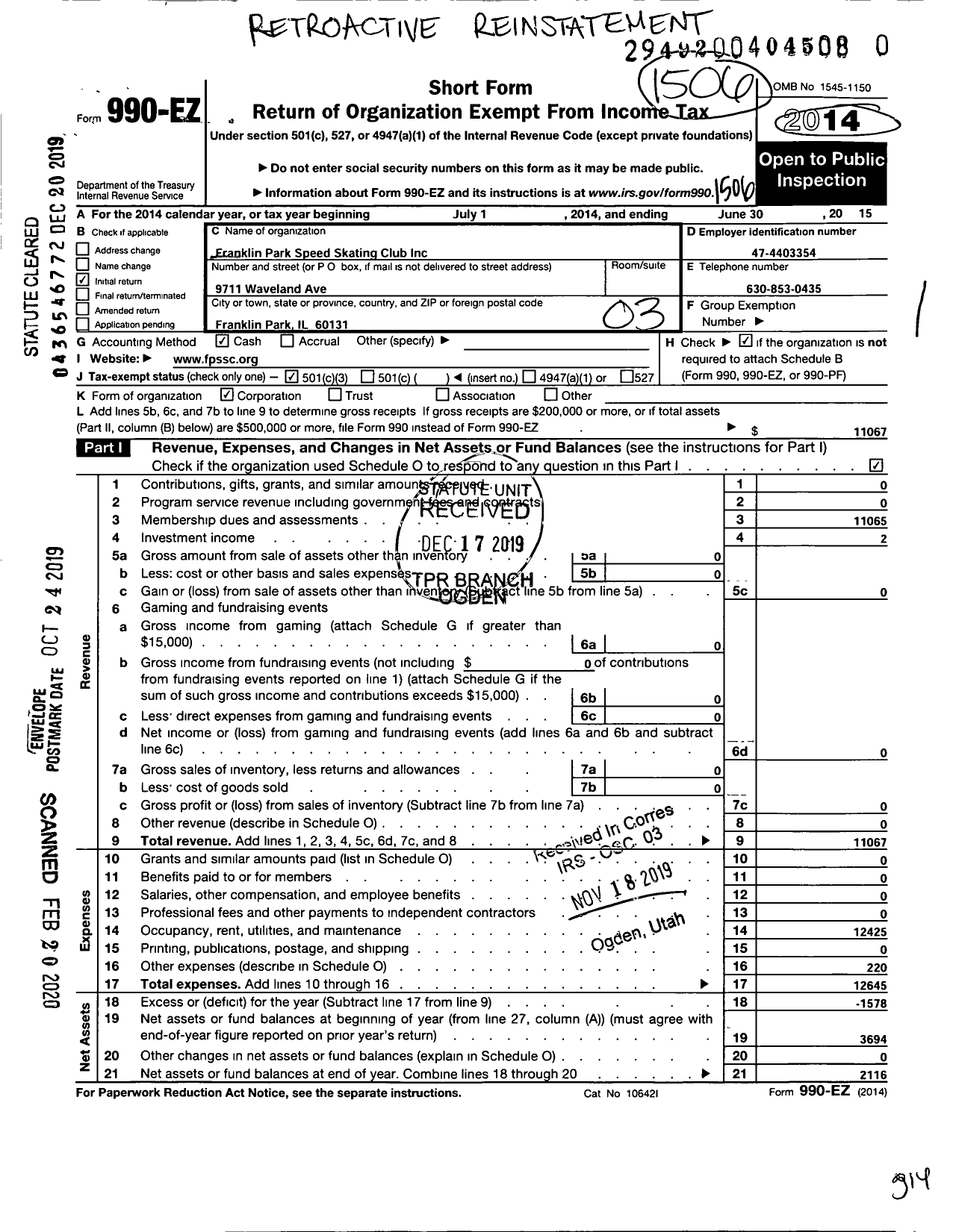 Image of first page of 2014 Form 990EZ for Franklin Park Speed Skating Club