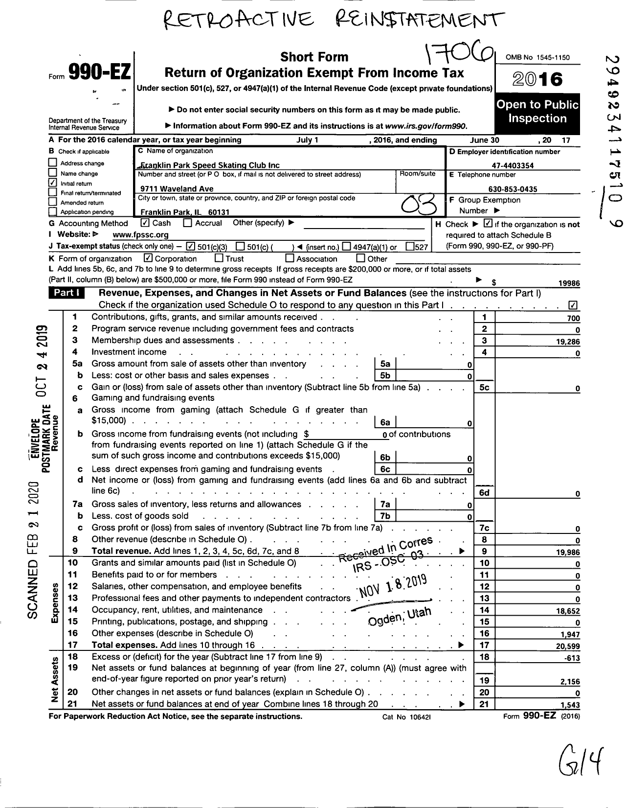 Image of first page of 2016 Form 990EZ for Franklin Park Speed Skating Club