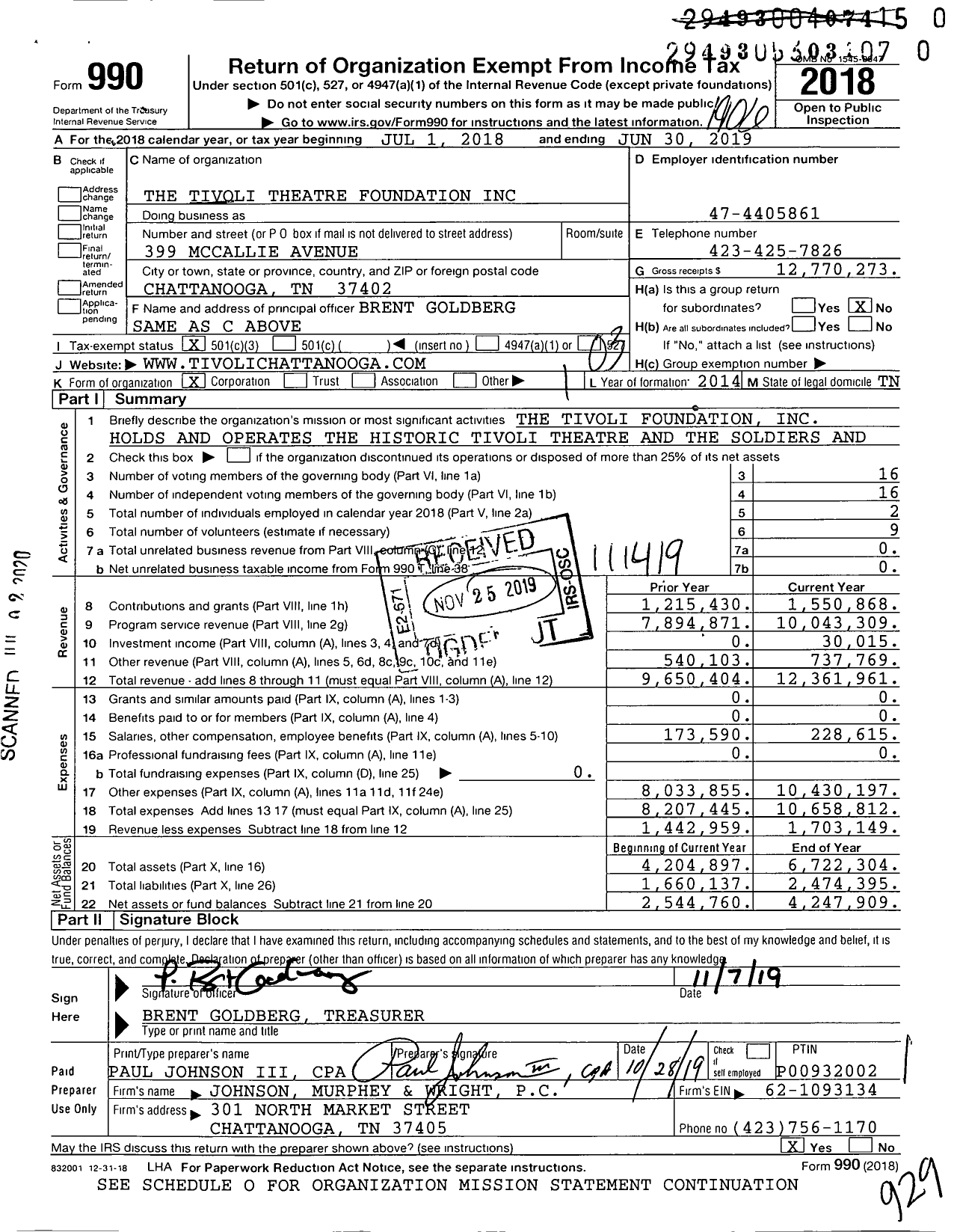 Image of first page of 2018 Form 990 for The Tivoli Theatre Foundation