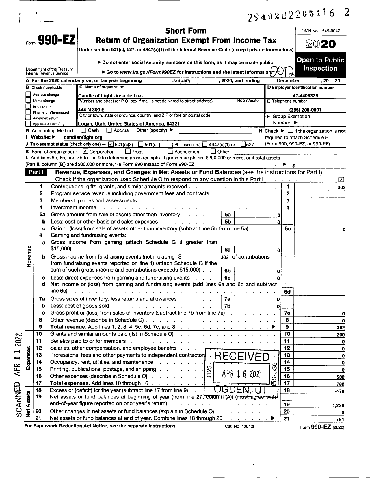 Image of first page of 2020 Form 990EZ for Candle of Light - Vela de Luz Luz-