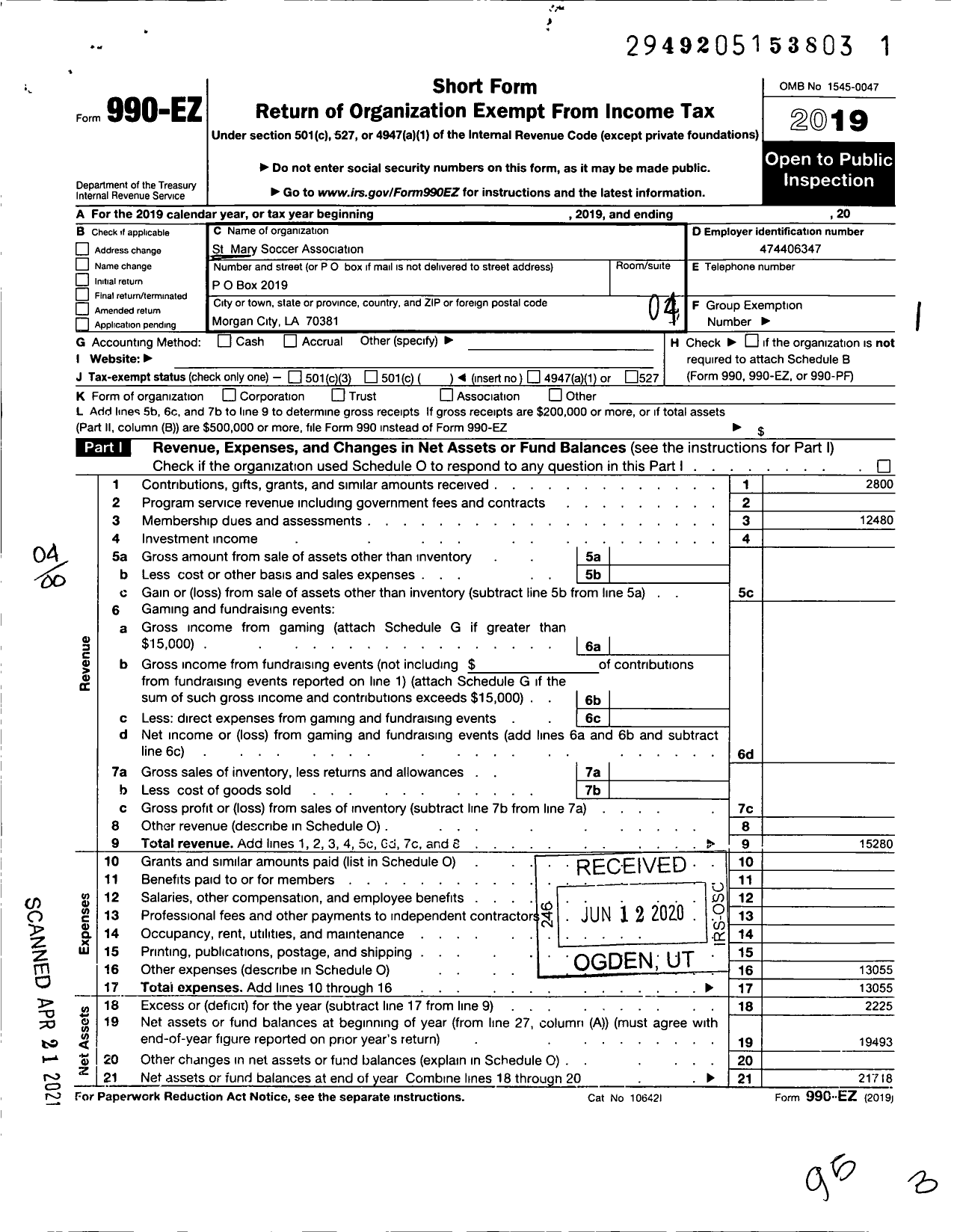 Image of first page of 2019 Form 990EO for St Mary Soccer Association