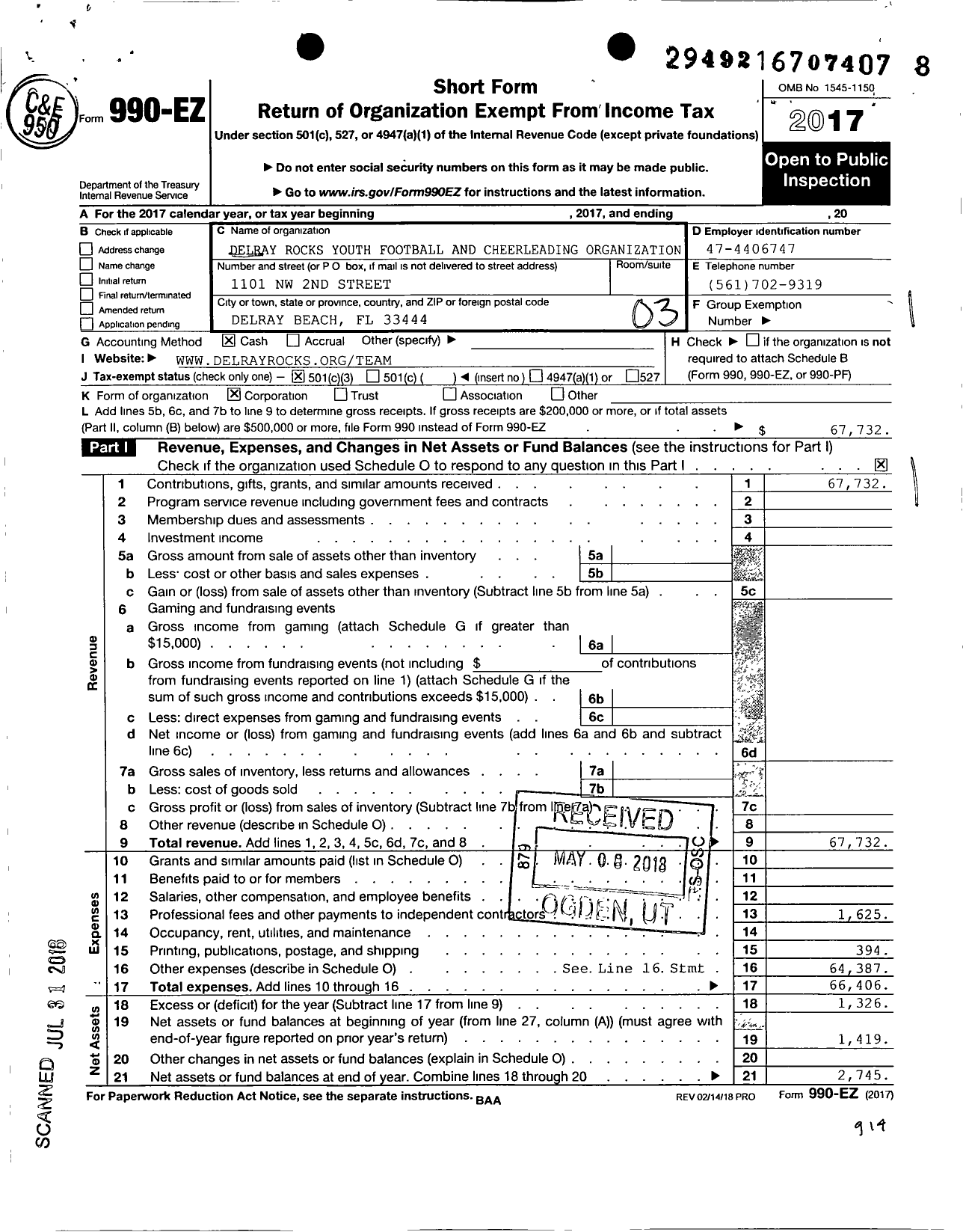 Image of first page of 2017 Form 990EZ for Delray Rocks Youth Football and Cheerleading Organization