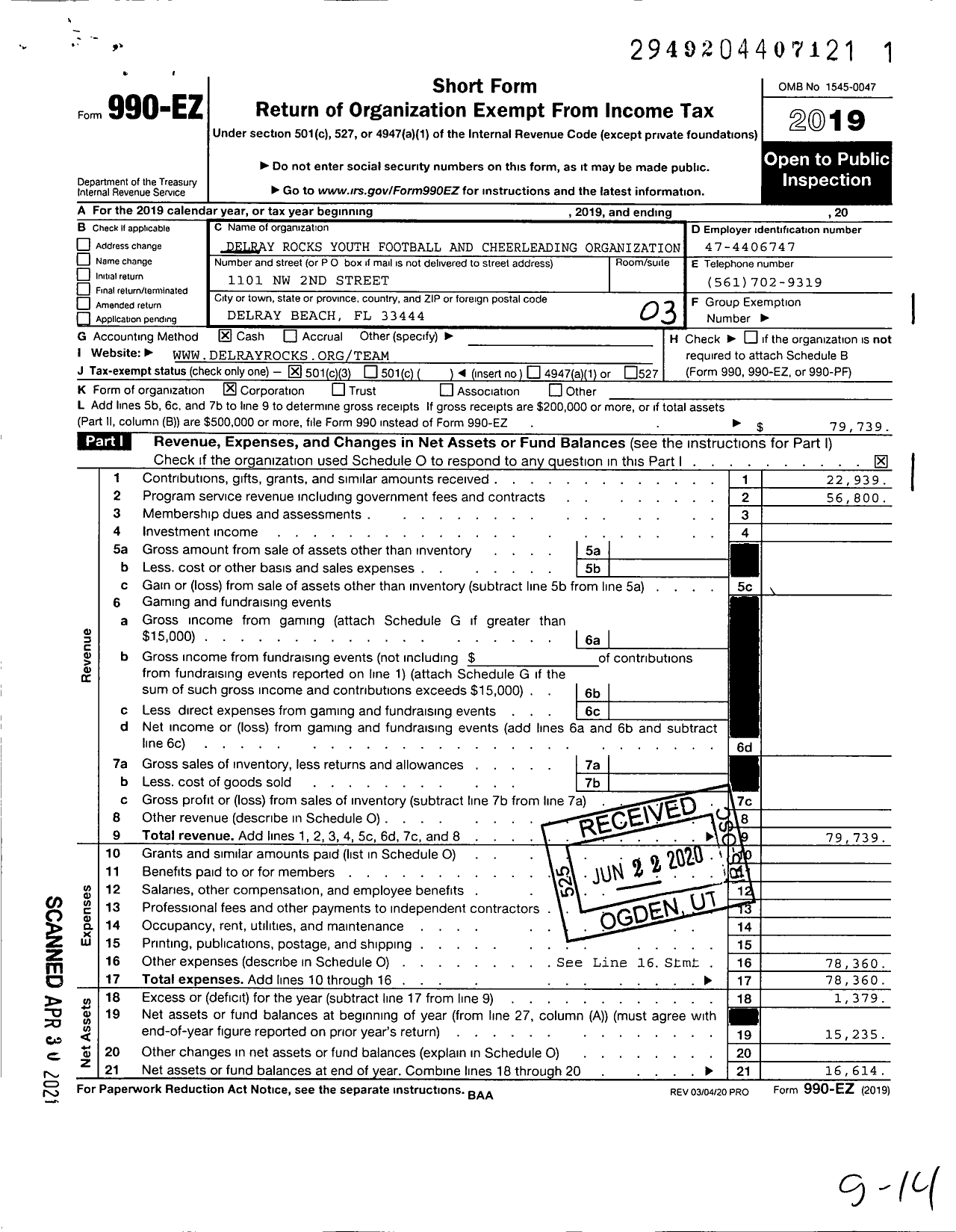 Image of first page of 2019 Form 990EZ for Delray Rocks Youth Football and Cheerleading Organization