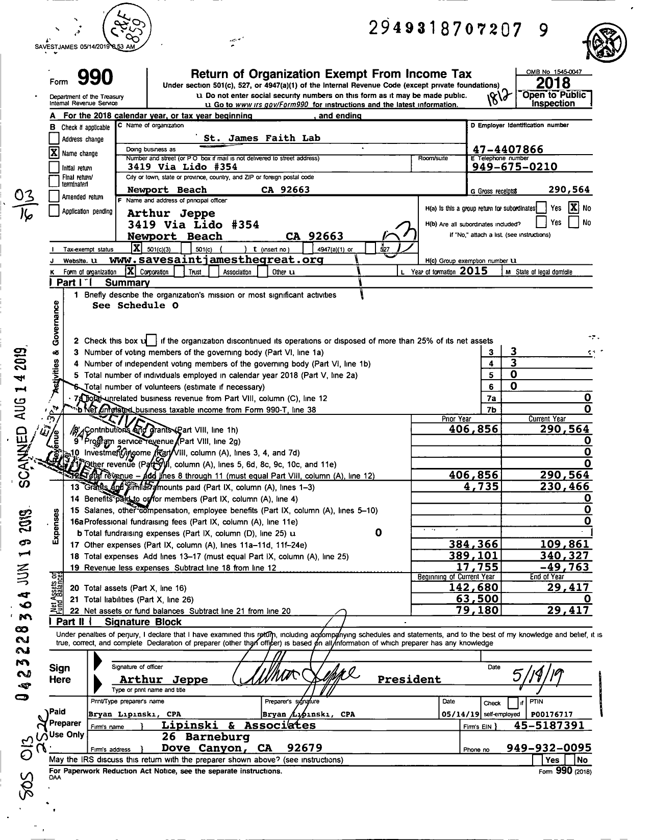 Image of first page of 2018 Form 990 for St James Faith Lab