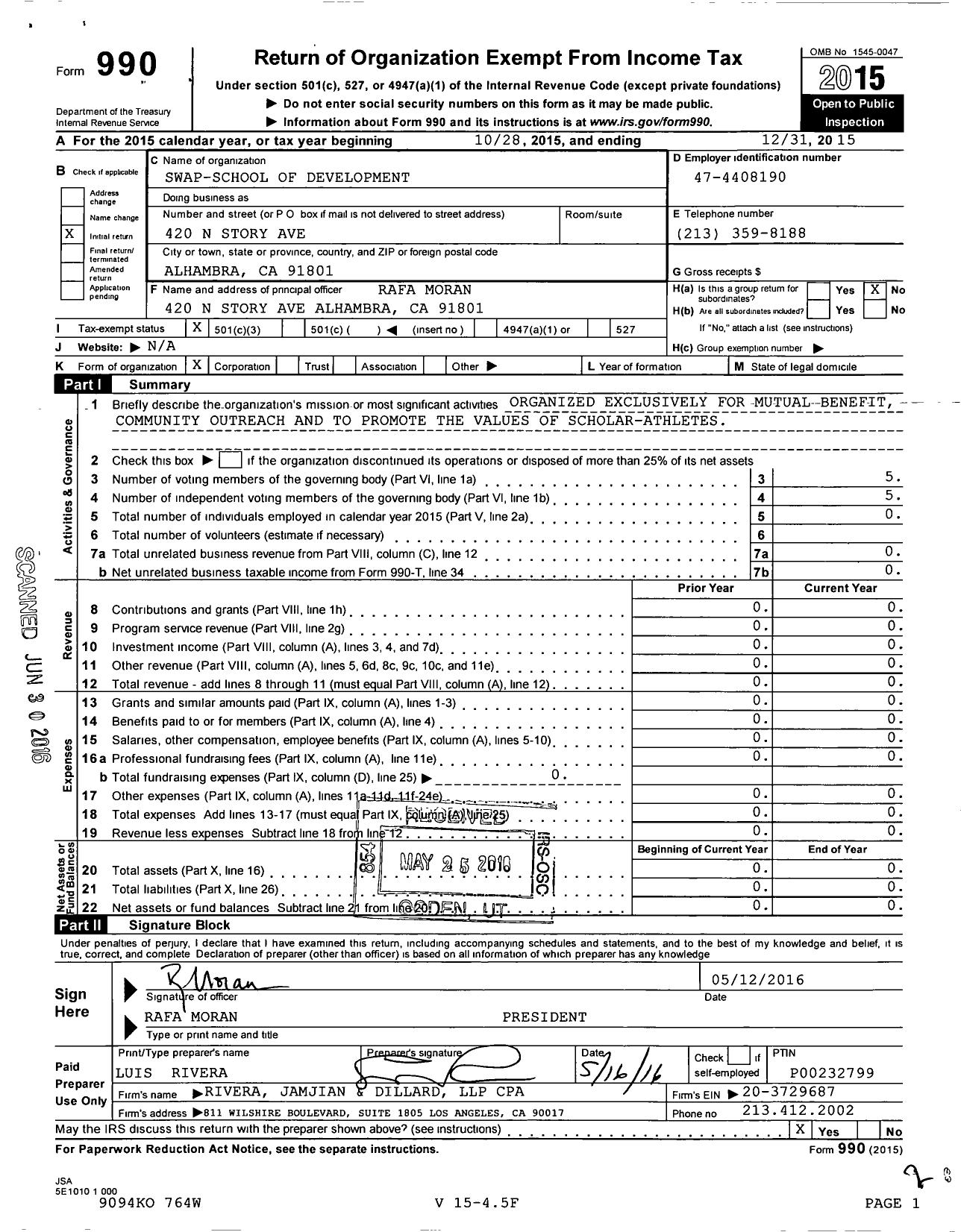 Image of first page of 2015 Form 990 for Swap-School of Development