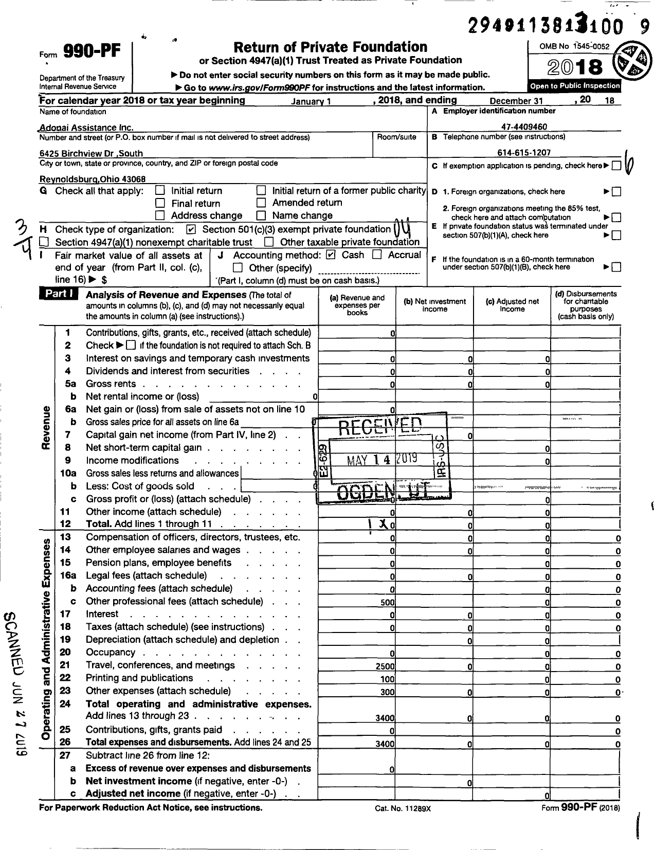 Image of first page of 2018 Form 990PF for Adonai Assistance