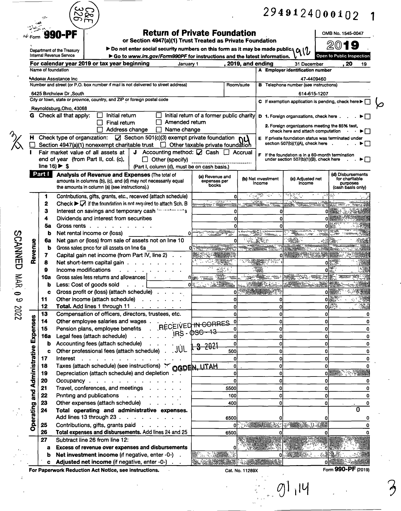 Image of first page of 2019 Form 990PF for Adonai Assistance