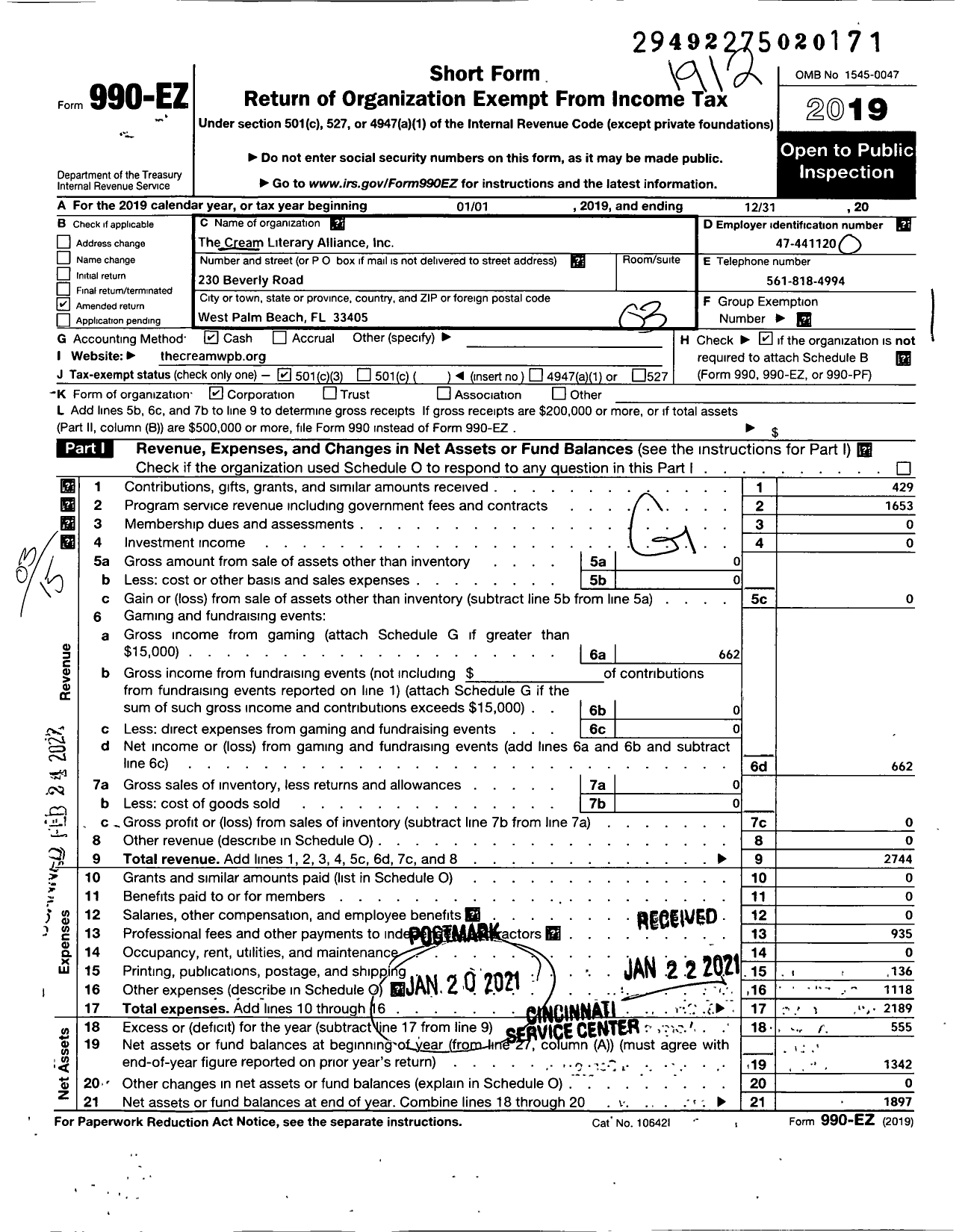 Image of first page of 2019 Form 990EZ for The Cream Literary Alliance