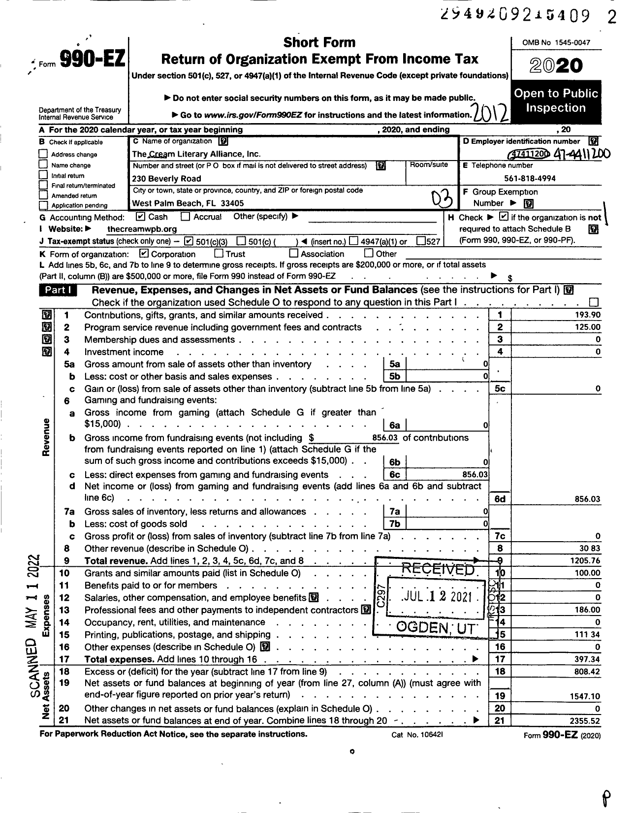 Image of first page of 2020 Form 990EZ for The Cream Literary Alliance