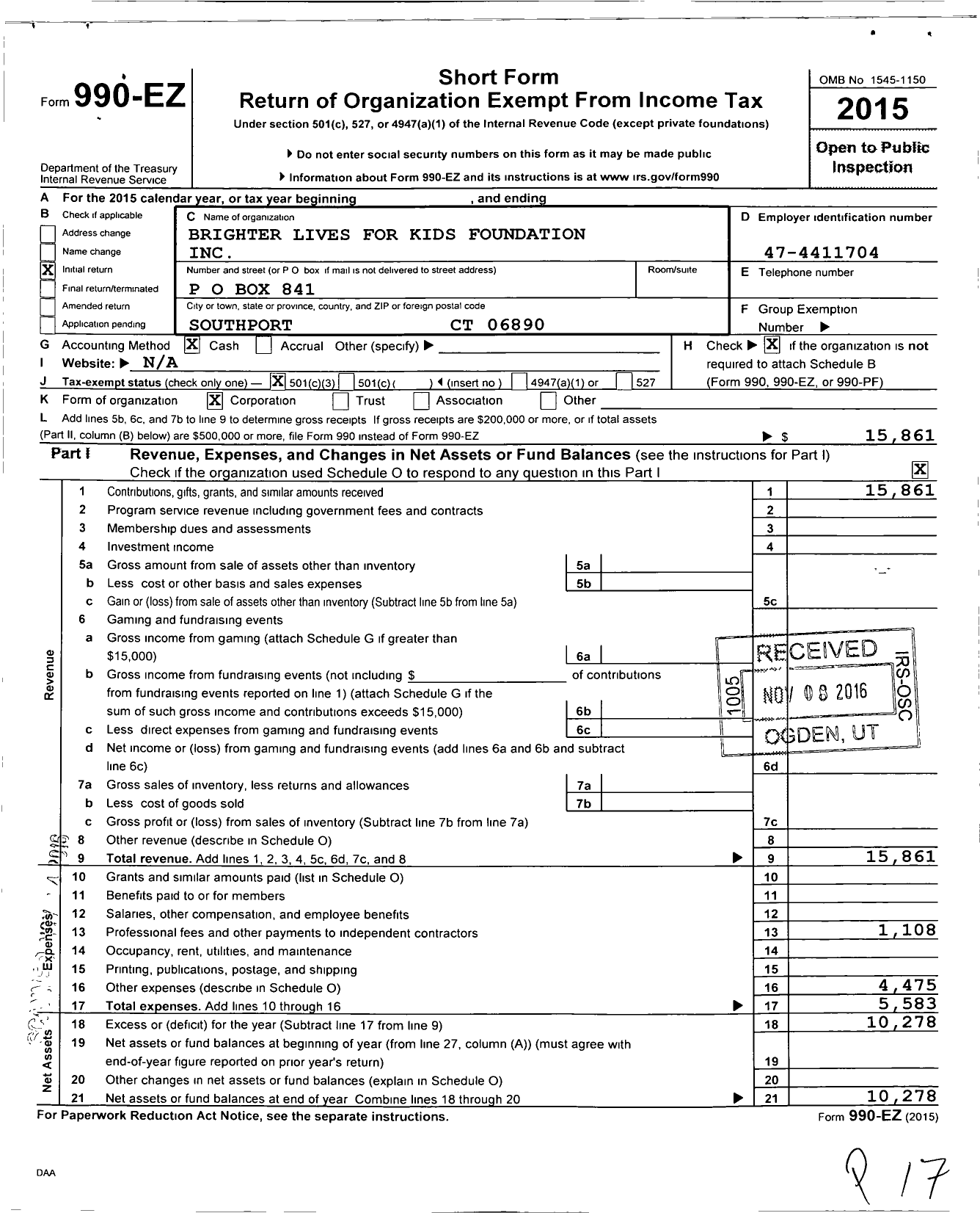 Image of first page of 2015 Form 990EZ for Brighter Lives for Kids Foundation