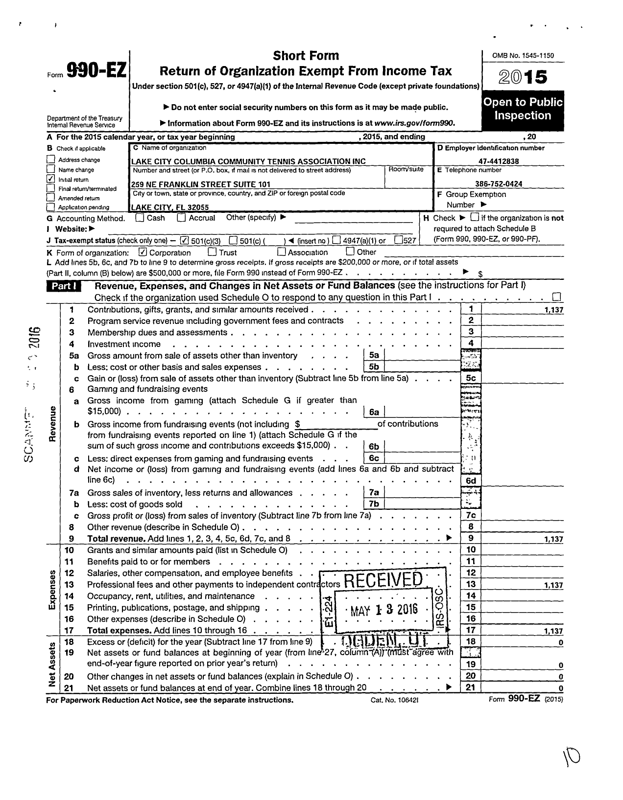 Image of first page of 2015 Form 990EZ for Lake City Columbia Community Tennis Association