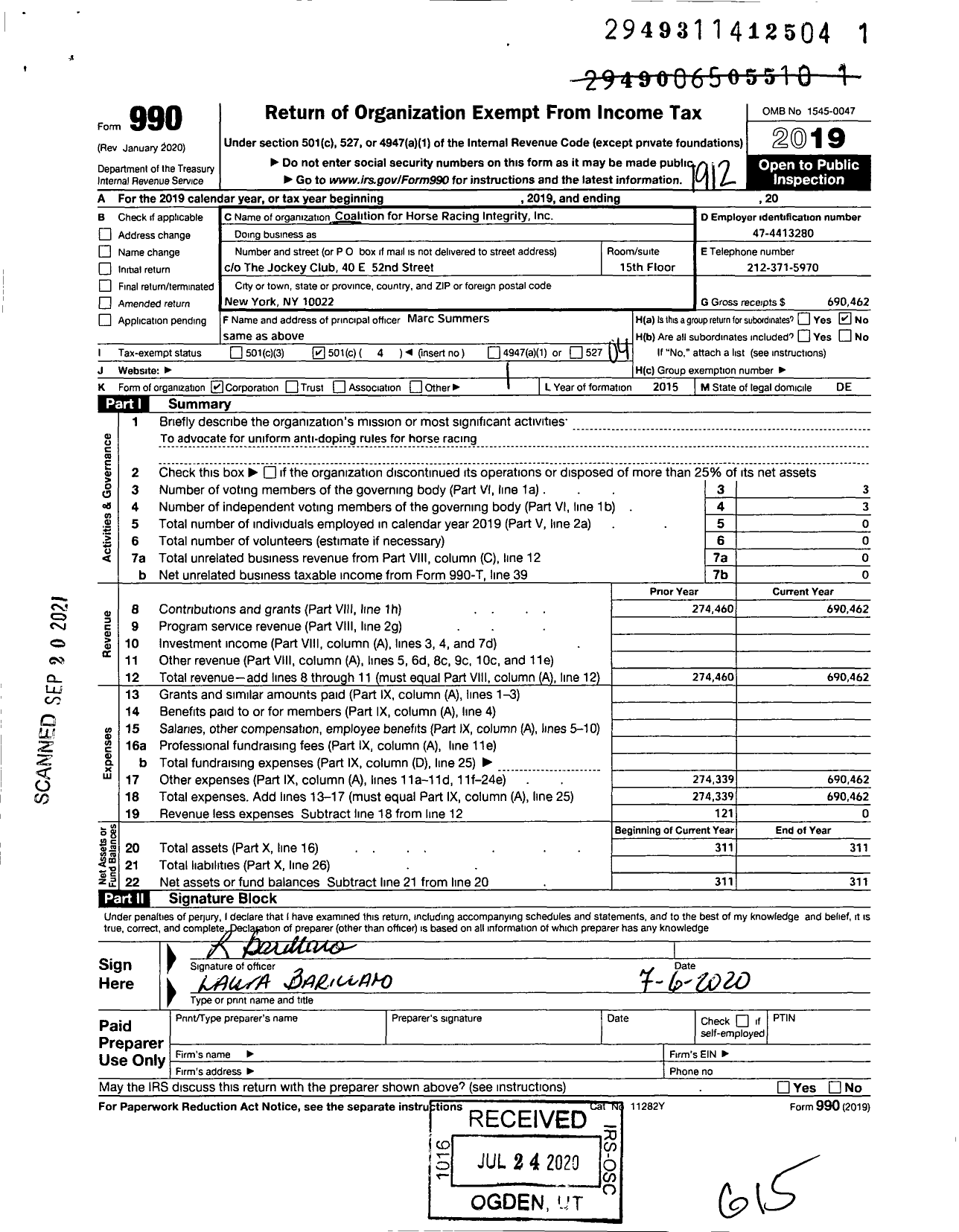 Image of first page of 2019 Form 990O for Coalition for Horse Racing Integrity