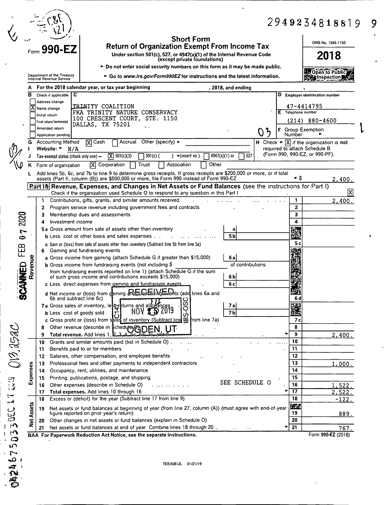 Image of first page of 2018 Form 990EZ for Trinity Coalition