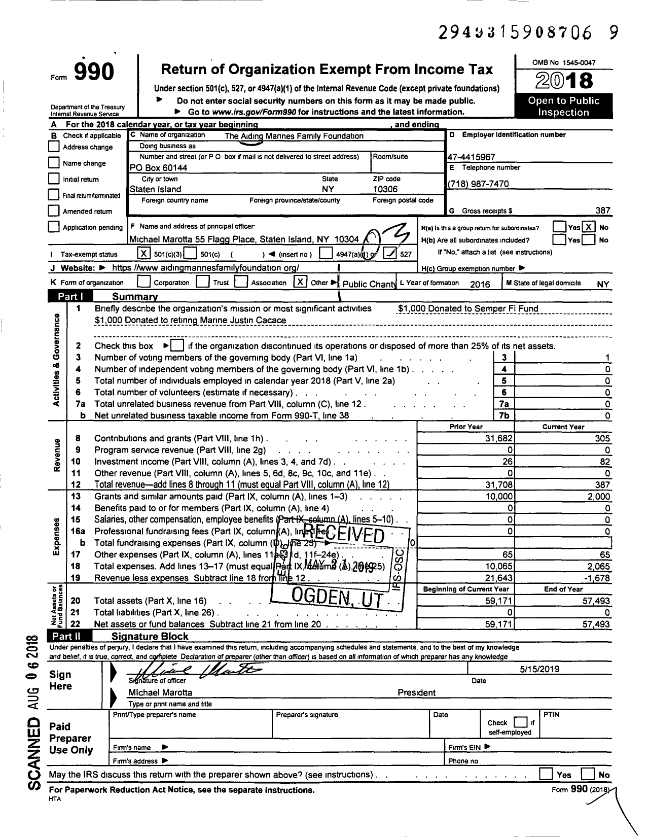 Image of first page of 2018 Form 990 for The Aiding Marines Family Foundation