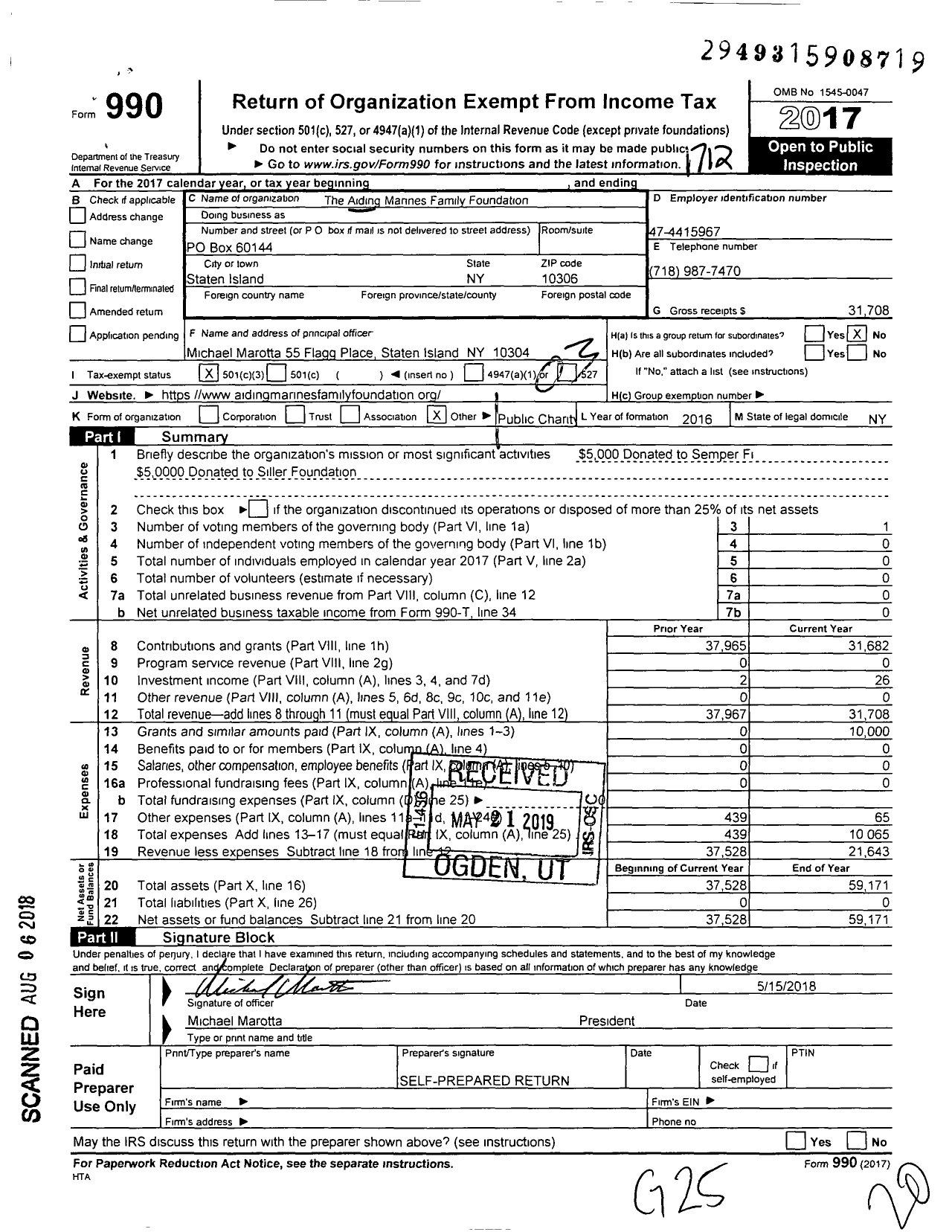 Image of first page of 2017 Form 990 for The Aiding Marines Family Foundation