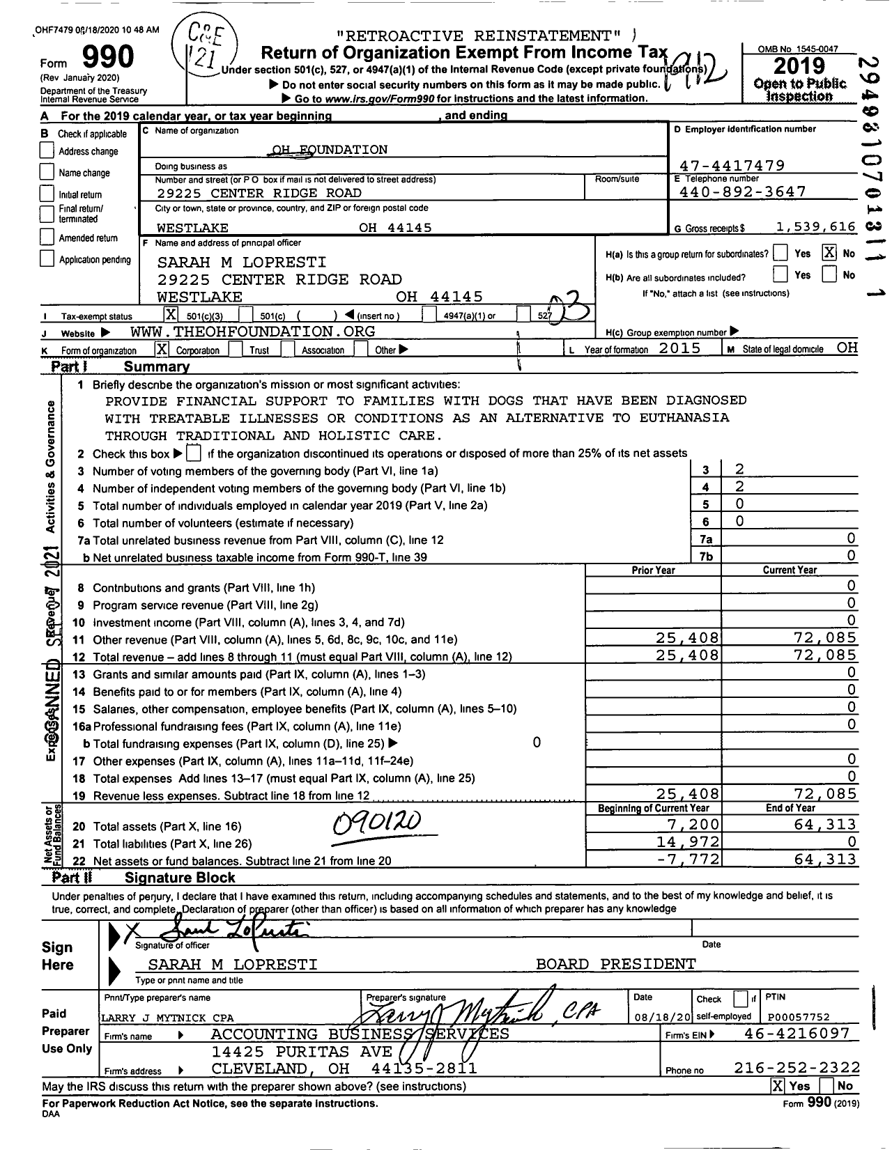 Image of first page of 2019 Form 990 for Oh Foundation