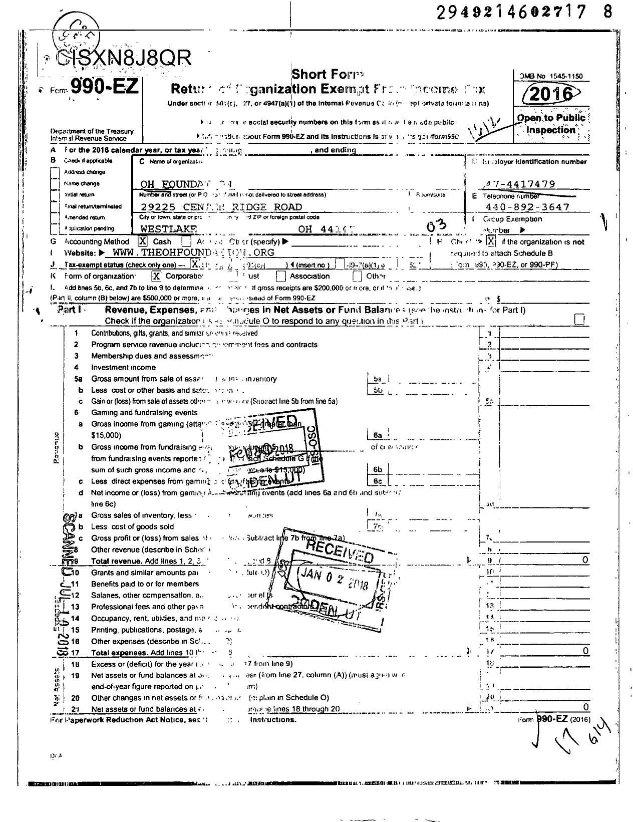 Image of first page of 2016 Form 990EZ for Oh Foundation