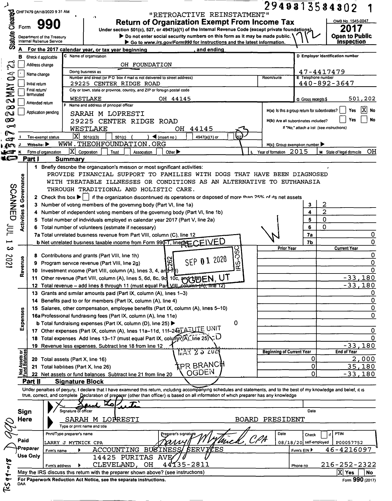 Image of first page of 2017 Form 990 for Oh Foundation