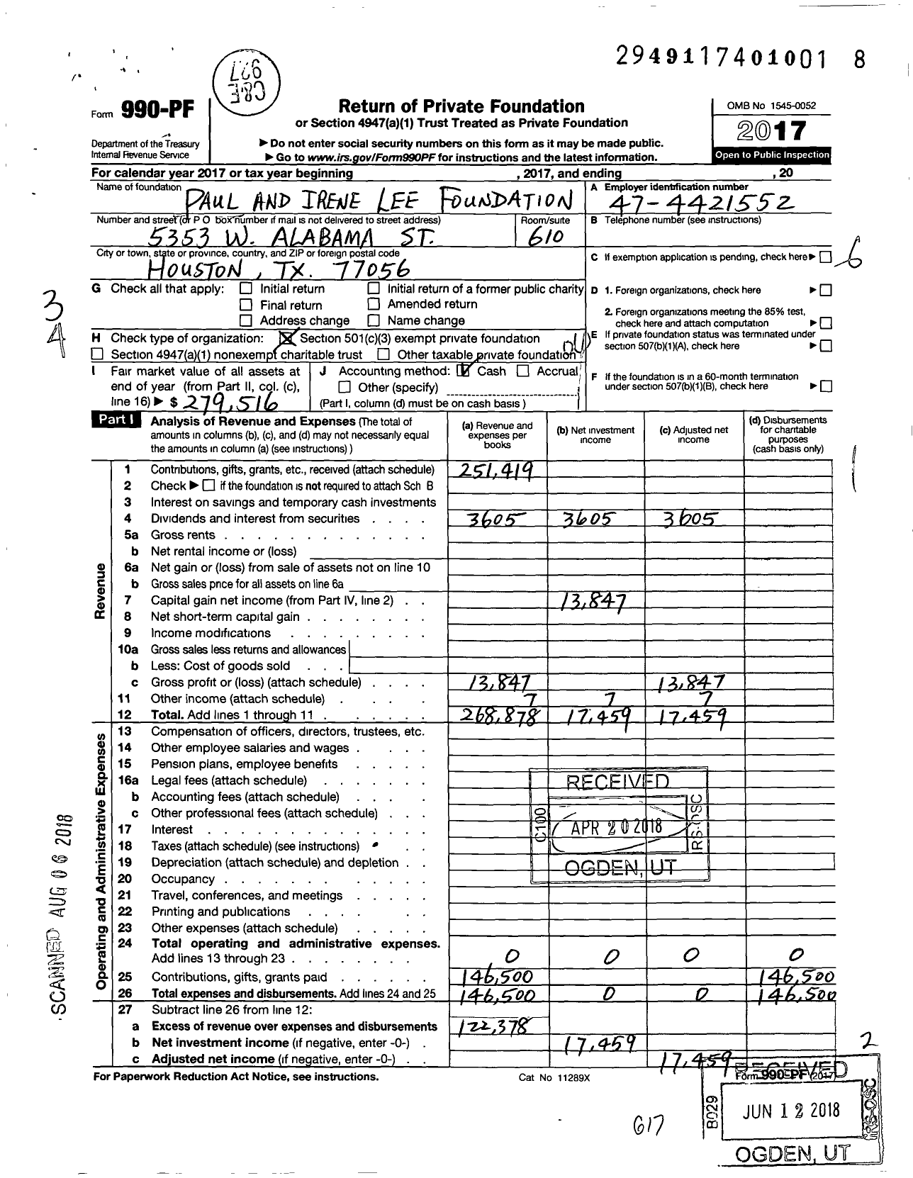 Image of first page of 2017 Form 990PF for Paul and Irene Lee Foundation