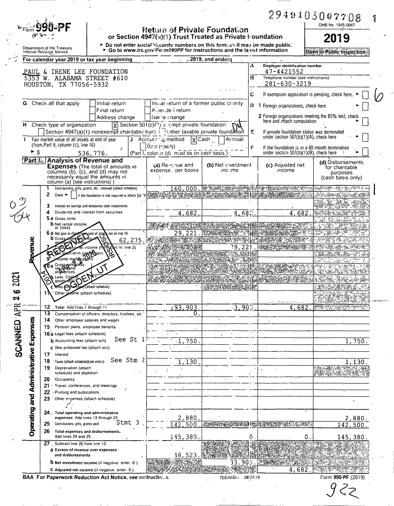 Image of first page of 2019 Form 990PF for Paul and Irene Lee Foundation