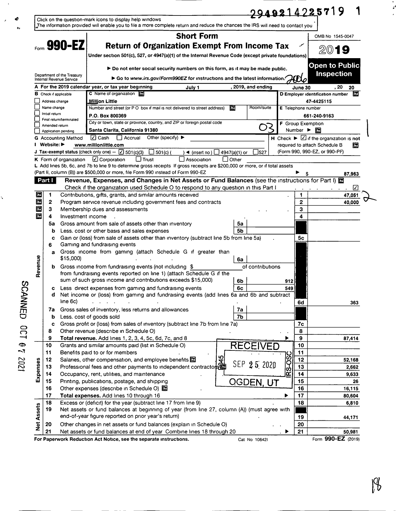 Image of first page of 2019 Form 990EZ for Million Little