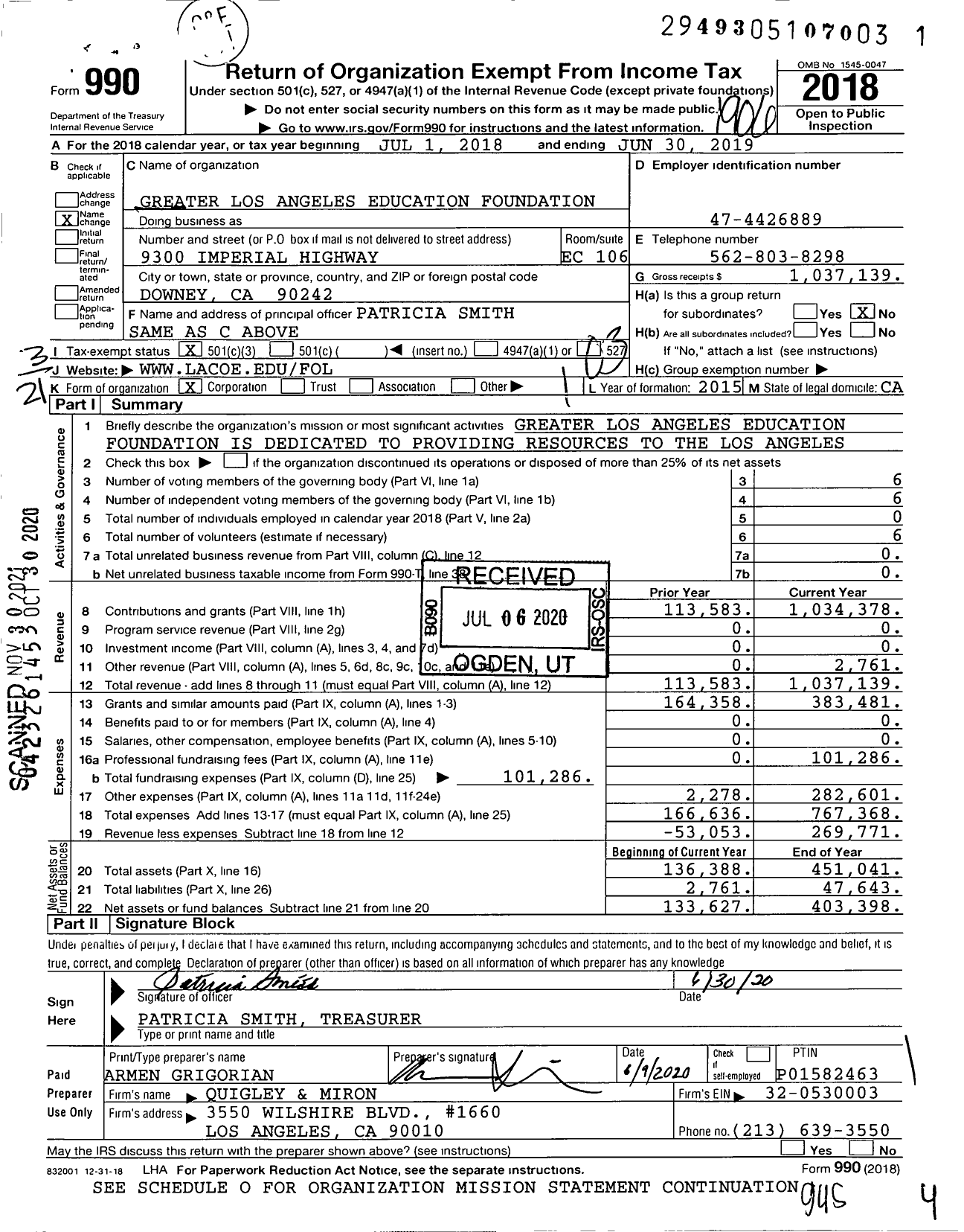 Image of first page of 2018 Form 990 for Greater Los Angeles Education Foundation