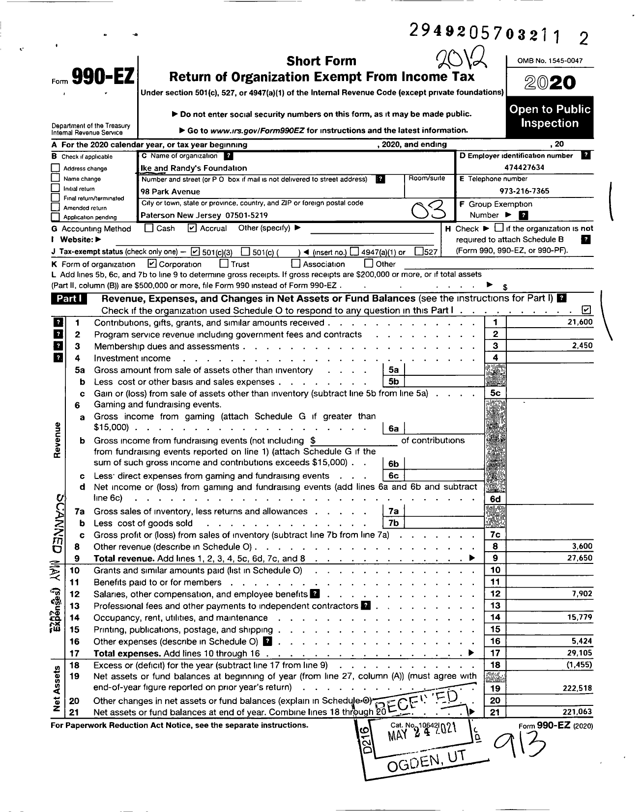 Image of first page of 2020 Form 990EZ for Ike and Randys S Foundation