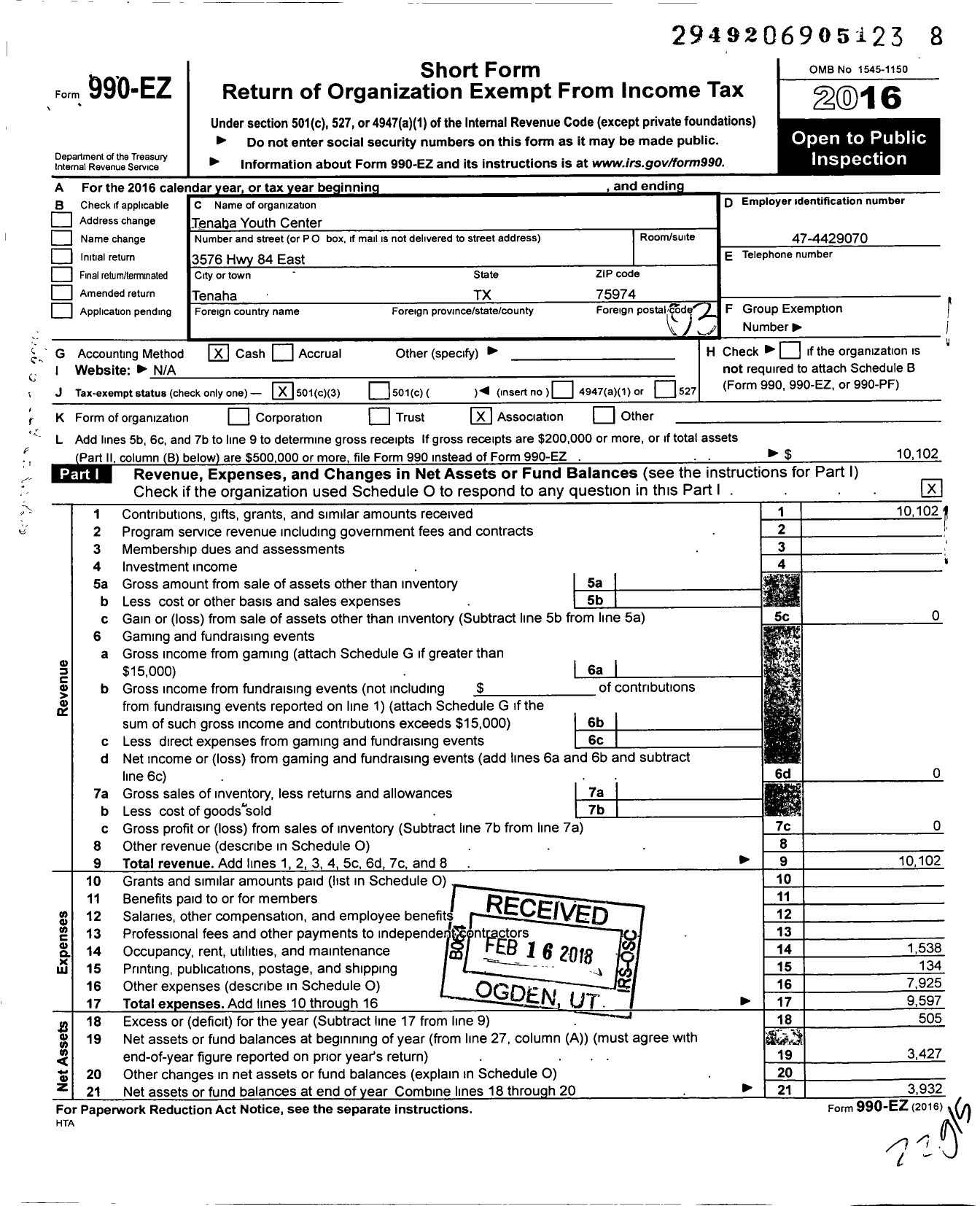 Image of first page of 2016 Form 990EZ for Tenaha Youth Center