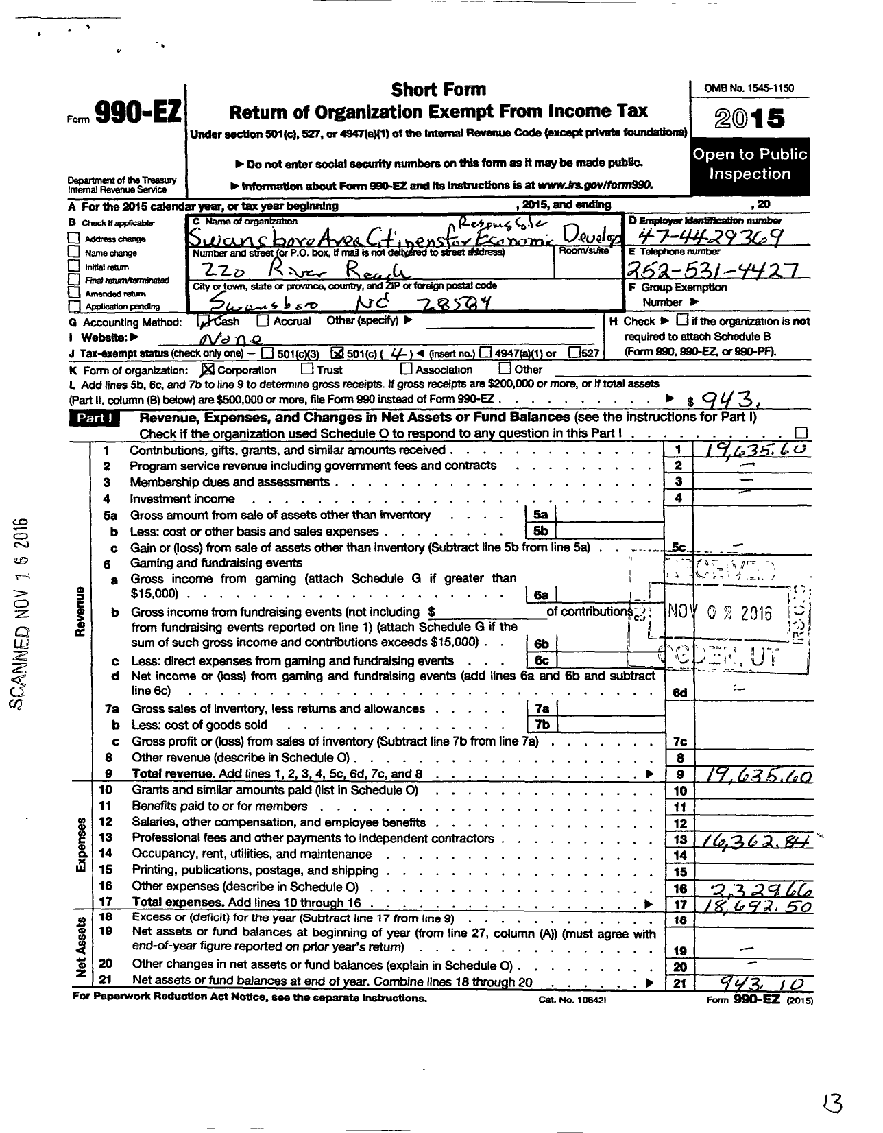 Image of first page of 2015 Form 990EO for Swansboro Area Citizens for Responsible Economic Development