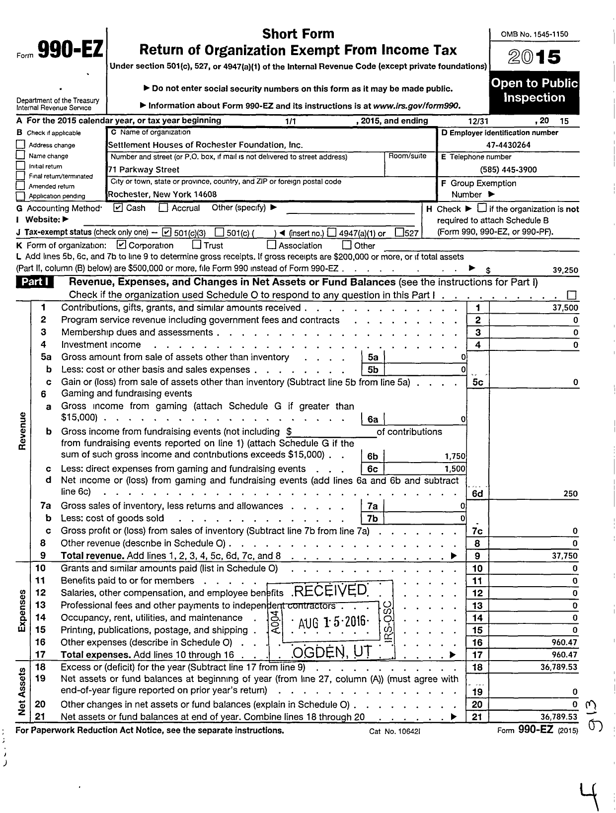 Image of first page of 2015 Form 990EZ for Settlement Houses of Rochester Foundation