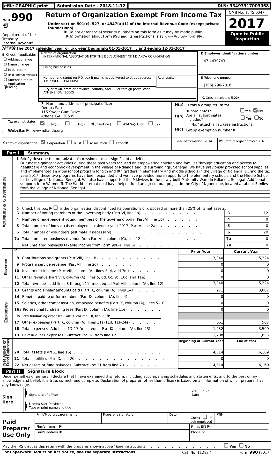 Image of first page of 2017 Form 990 for International Association for the Development of Ndianda Corporation