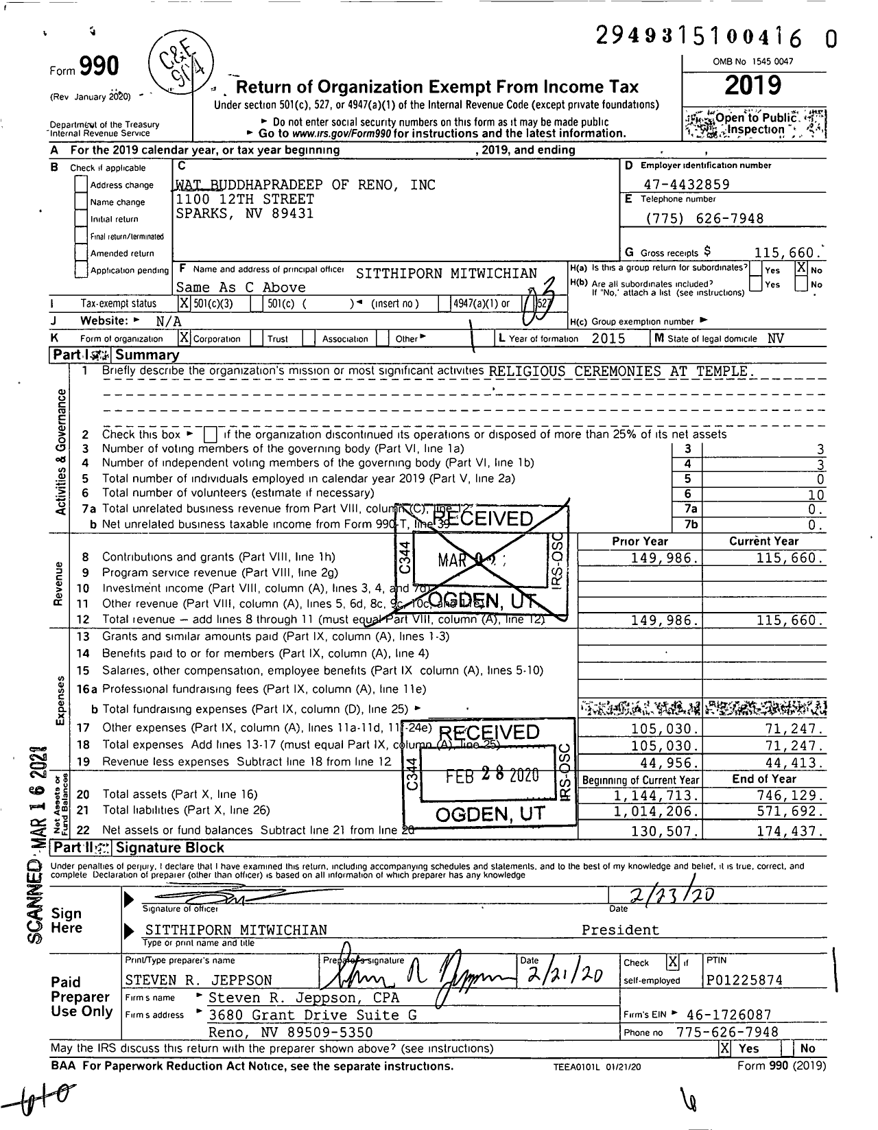 Image of first page of 2019 Form 990 for Wat Buddhapradeep of Reno