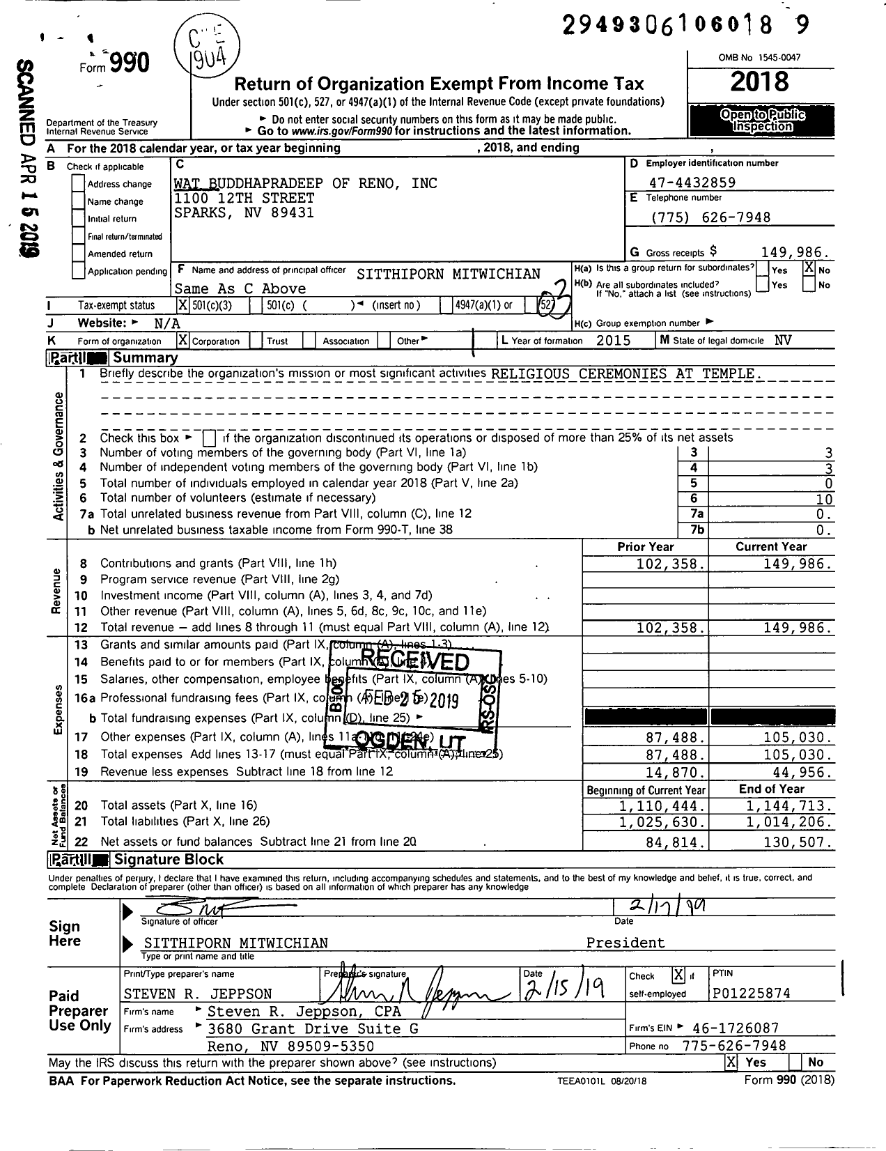 Image of first page of 2018 Form 990 for Wat Buddhapradeep of Reno