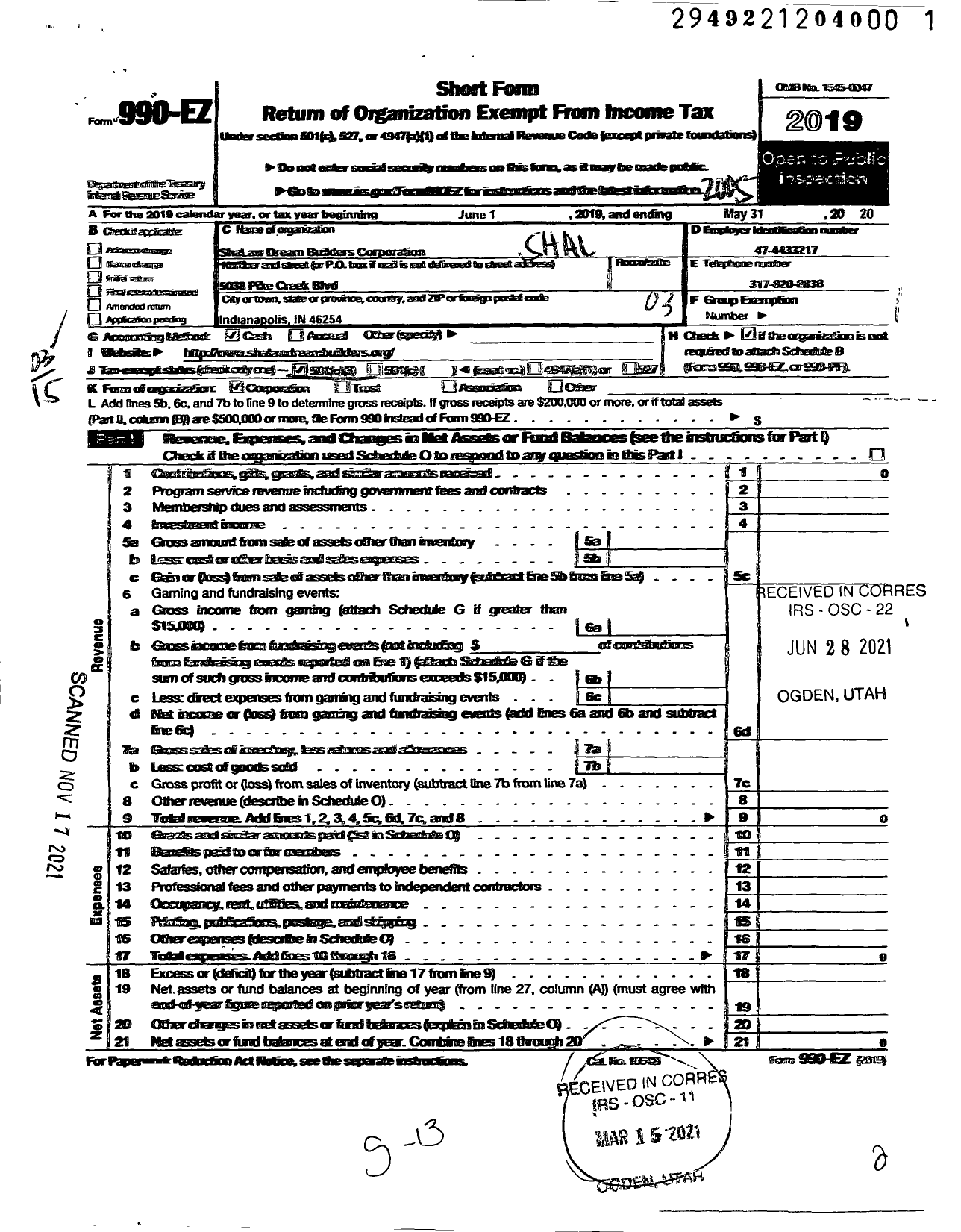 Image of first page of 2019 Form 990EZ for Shalaw Dream Builders Corporation