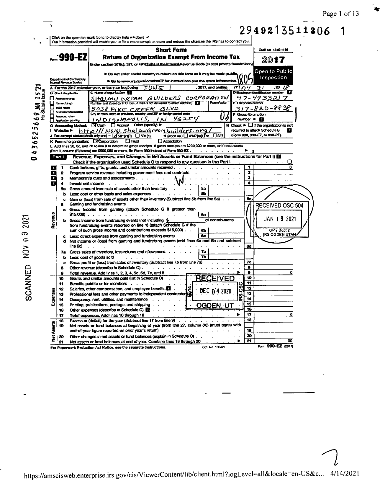 Image of first page of 2017 Form 990EZ for Shalaw Dream Builders Corporation