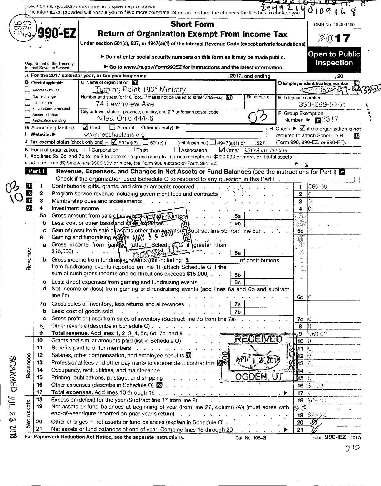 Image of first page of 2017 Form 990EZ for Turning Point 180 Ministry