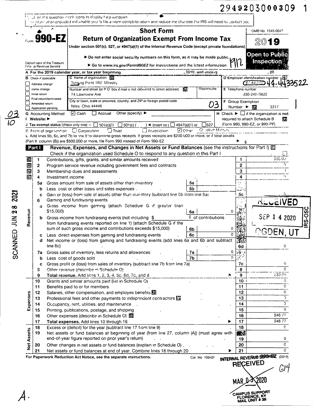 Image of first page of 2019 Form 990EZ for Turning Point 180 Ministry